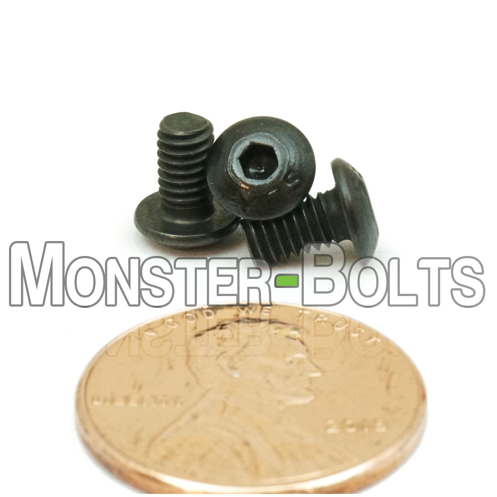 Black #6-40 x 1/4" socket button head screws, with US penny for size.