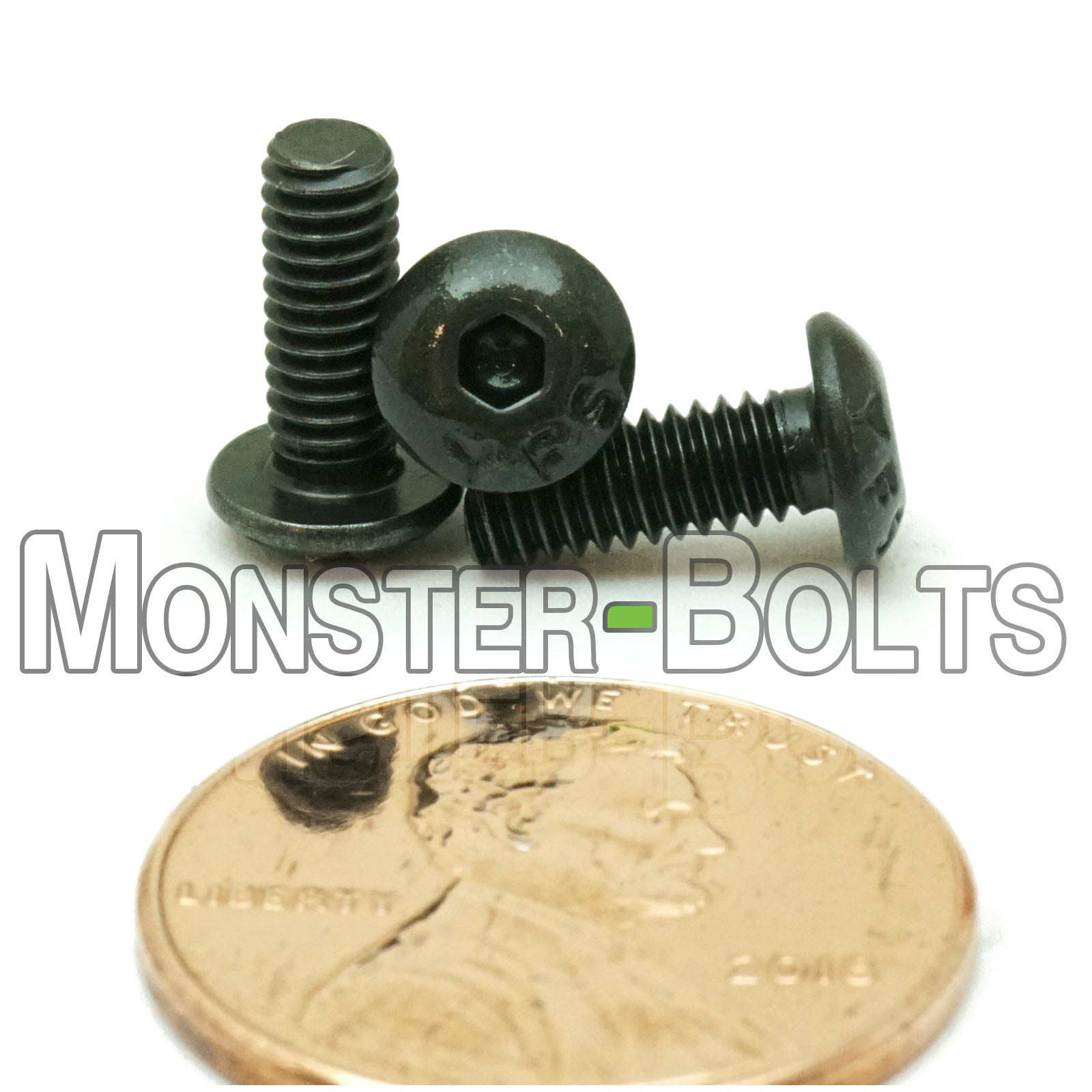 Black #6-40 x 3/8 in. button head socket cap screws, with US penny to show size.