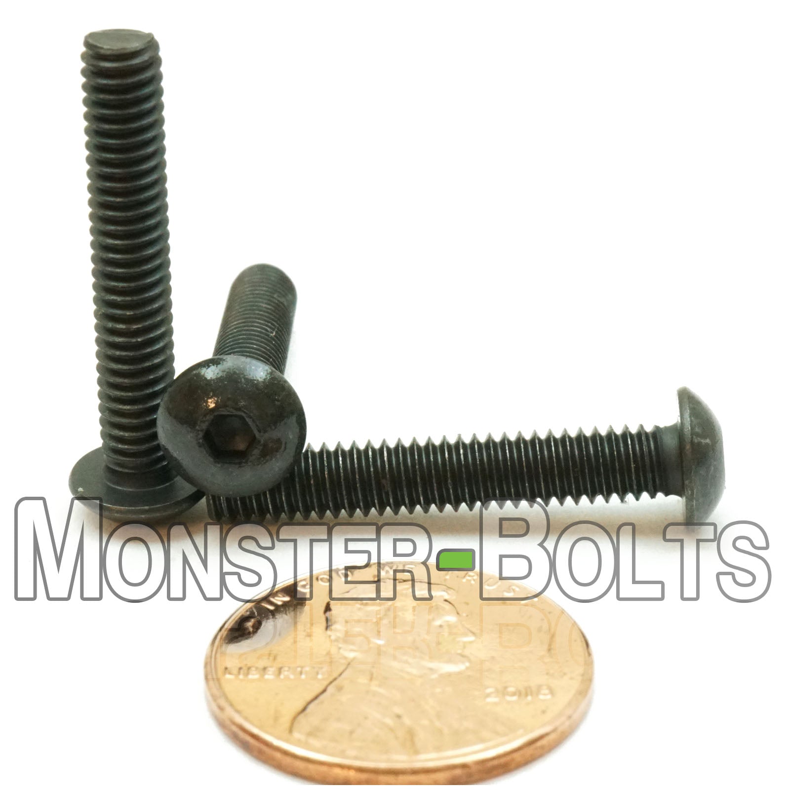 Alloy Steel #8-32 x 1" socket button head screws with black oxide finish. Shown with US penny for size.