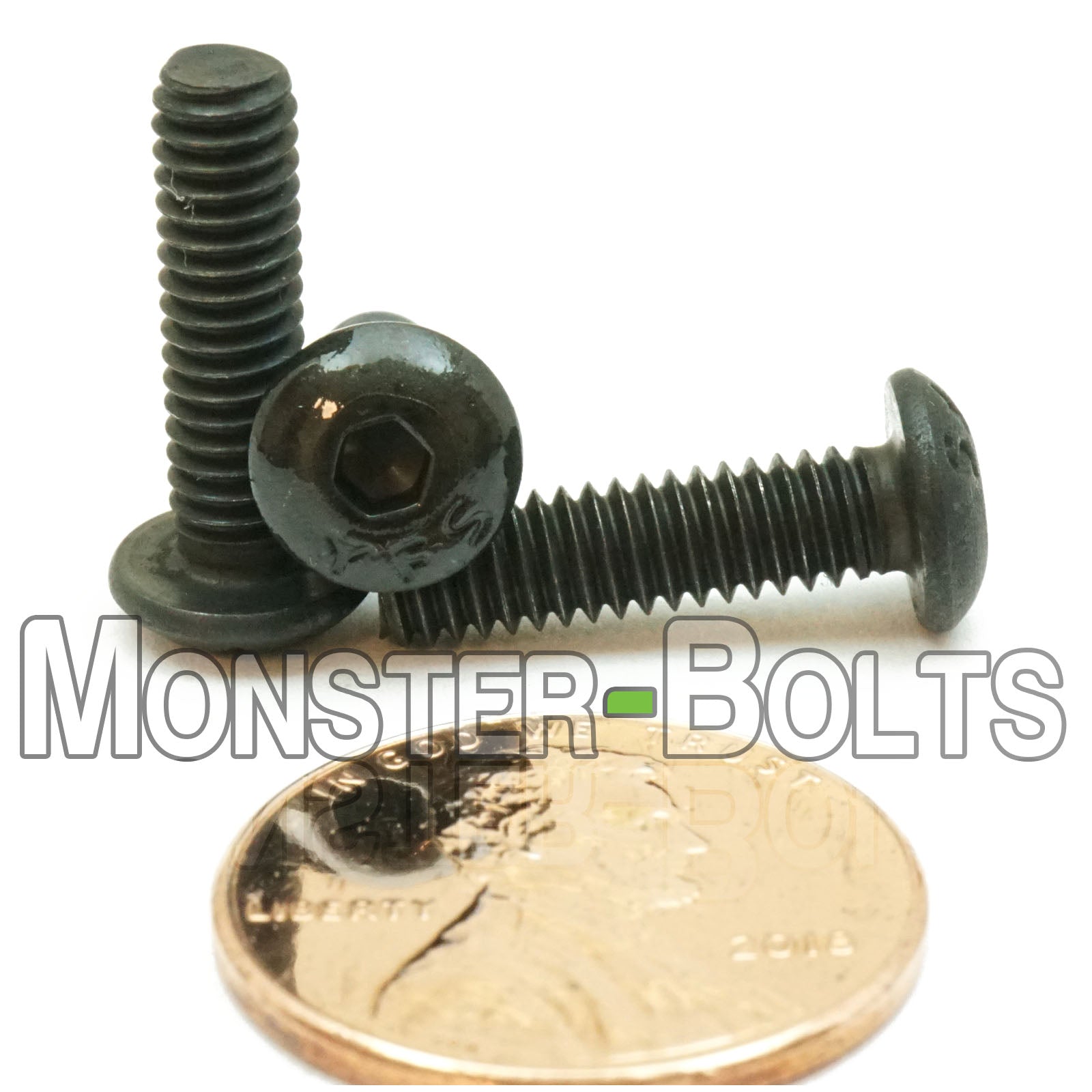 Black #8-32 x 5/8" button head socket cap screws, with US penny for size.