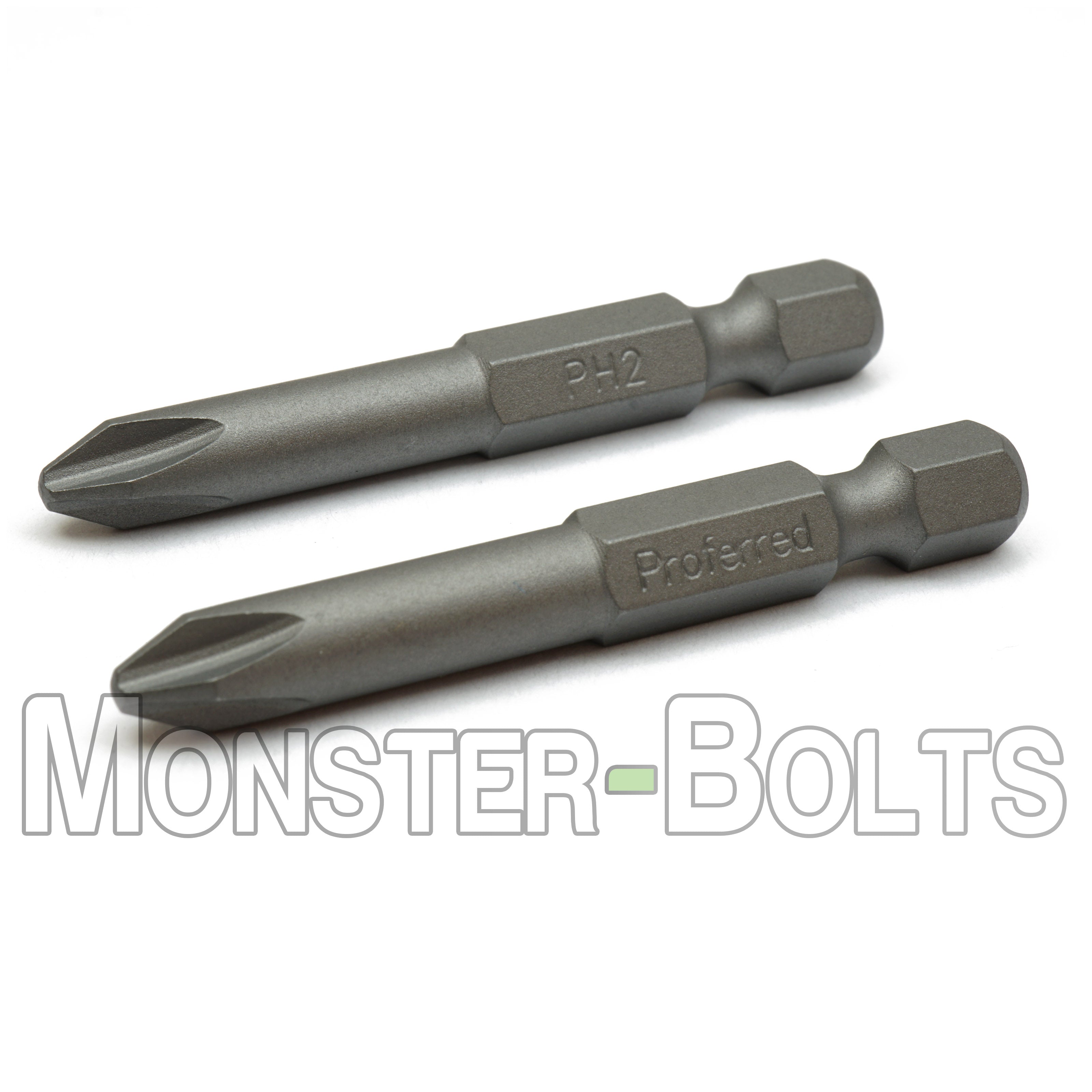 2-Inch Phillips Drive Bits 1/4" Hex Shank Screwdriver / Drill Bits, S2 Steel - Monster Bolts