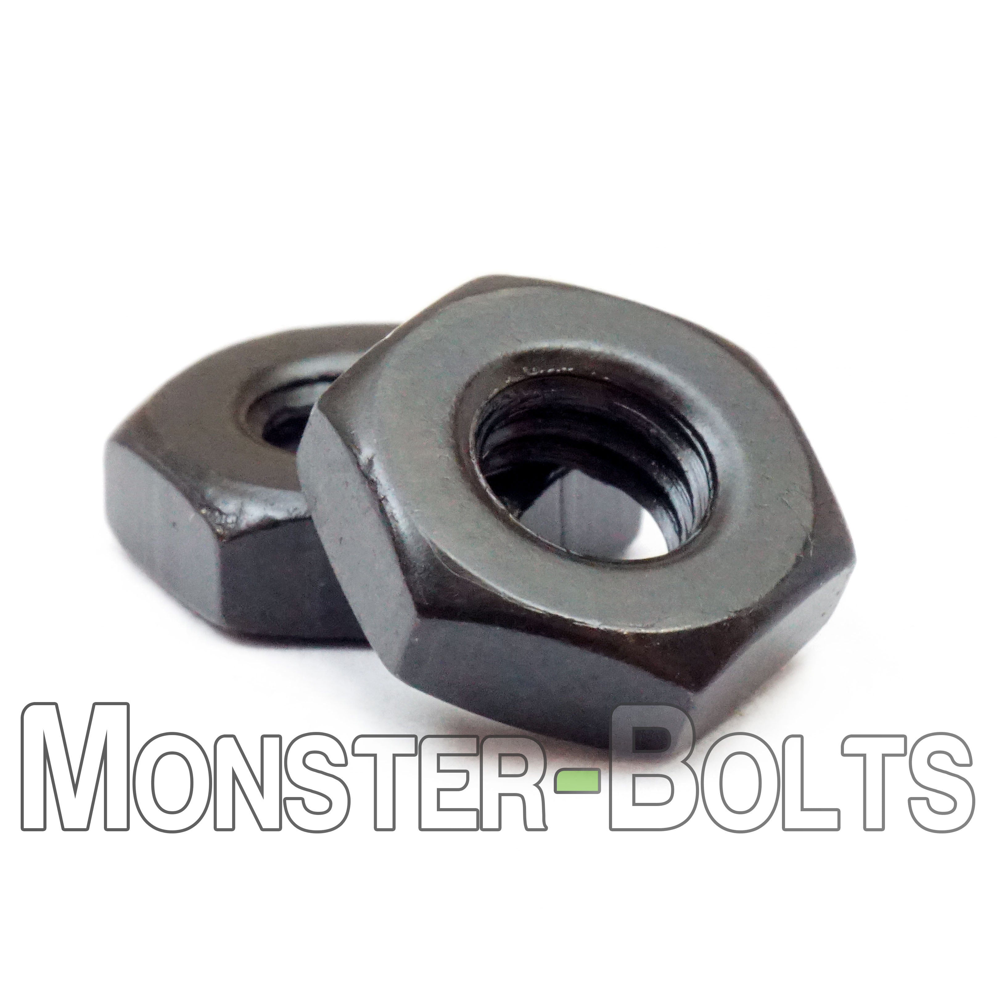 Black US Hex Nuts shown on white background with Monster Bolts logo.