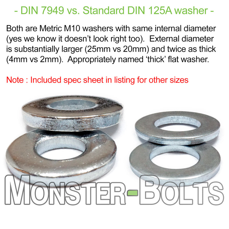 Thick Flat Washers, DIN 7349 Low Carbon Steel Zinc Plated Cr+3 RoHS M4 M5 M6 M8 M10 - Monster Bolts