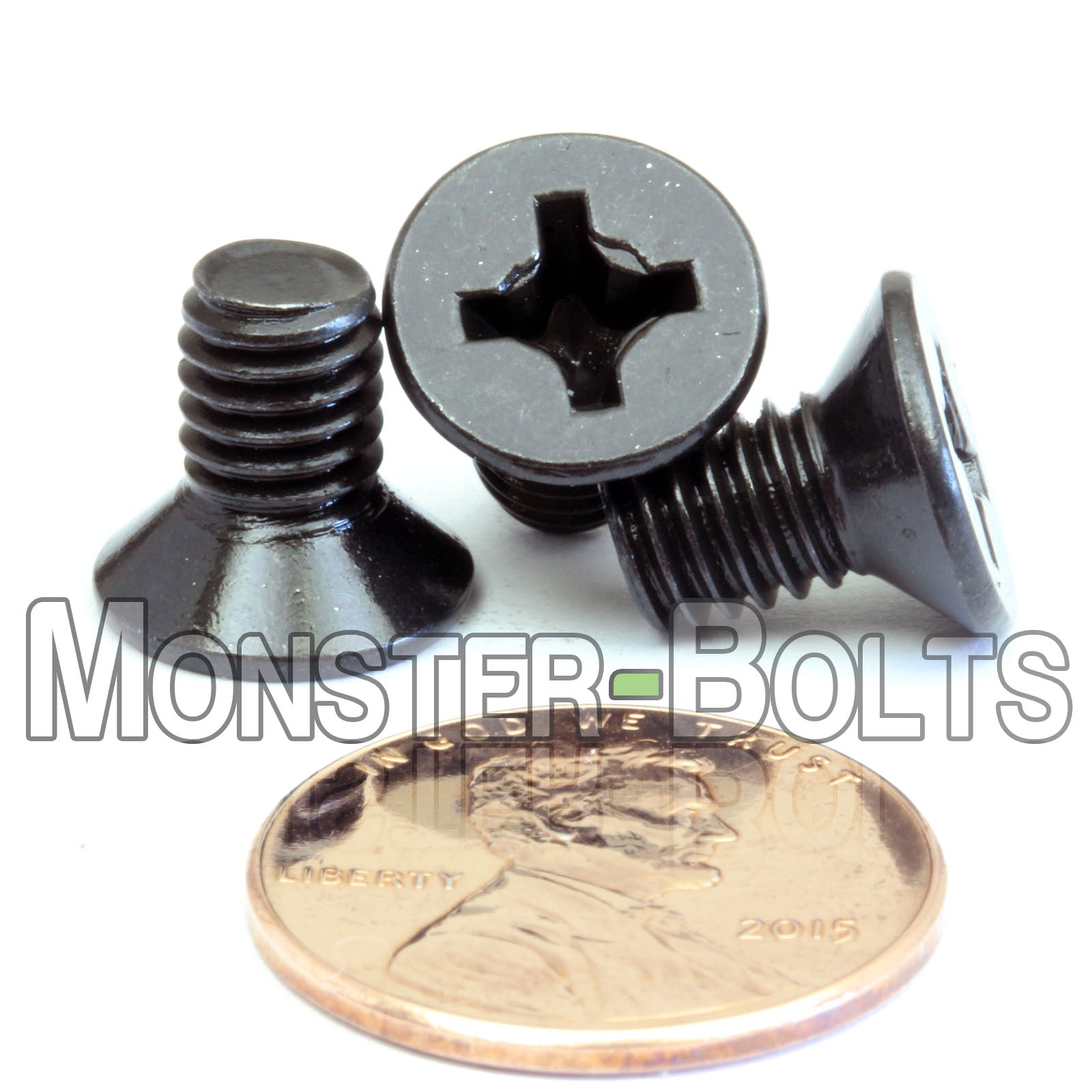 M6 x 10mm Phillips Flat Head Machine Screws shown with penny for scale.