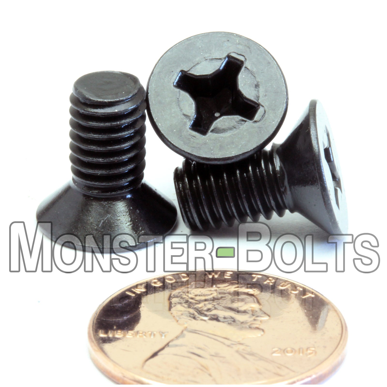 M6 x 12mm Phillips Flat Head Machine Screws shown with penny for scale.