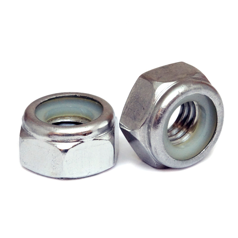 Stainless Steel metric Nyloc locking nuts shown on white background.