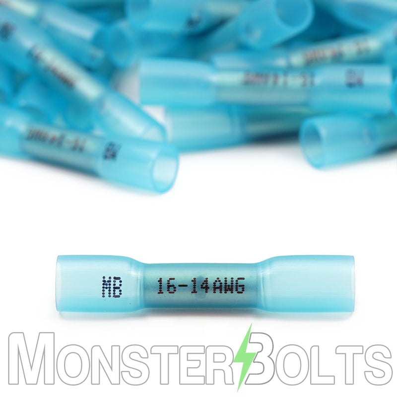 MonsterBolts Heat Shrink Crimp Butt Connectors, Sealed Waterproof, Blue 16-14 AWG