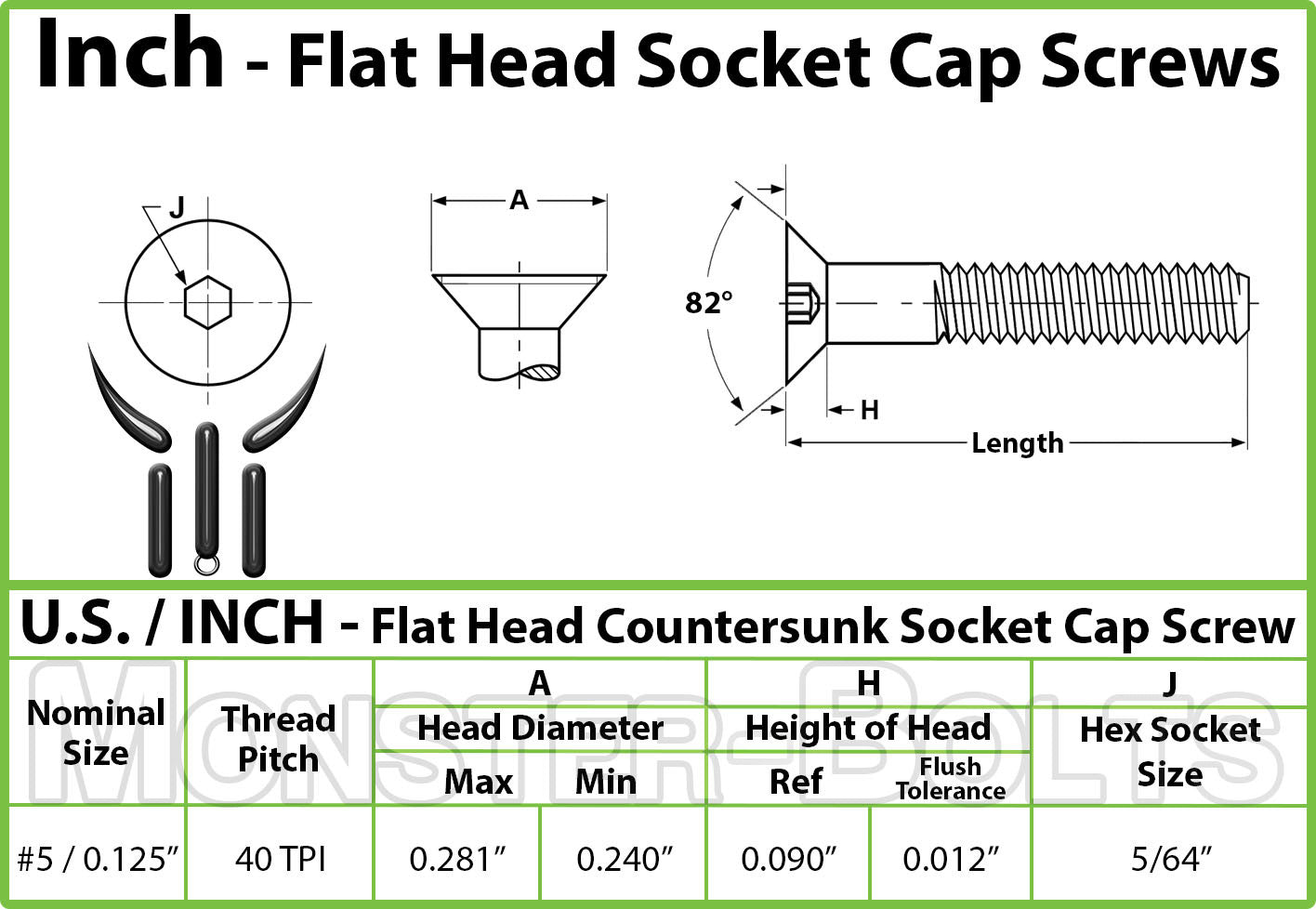 Spec sheet for #5-40 Socket Flat Head screws showing Head dimensions and hex key drive size.