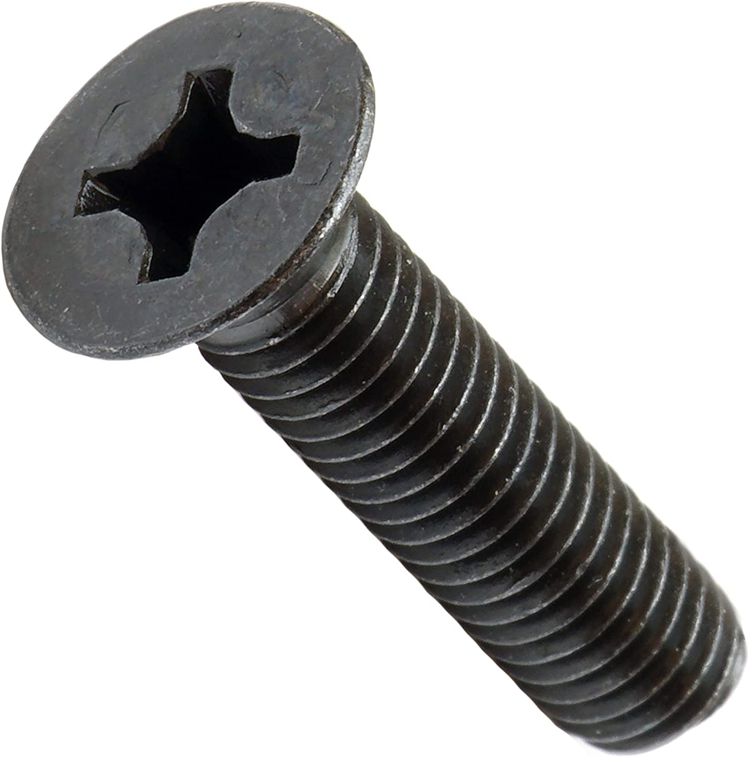 Close-up image of the M6 Phillips Flat Head Machine Screw, highlighting the black oxide finish and flush countersunk head design.