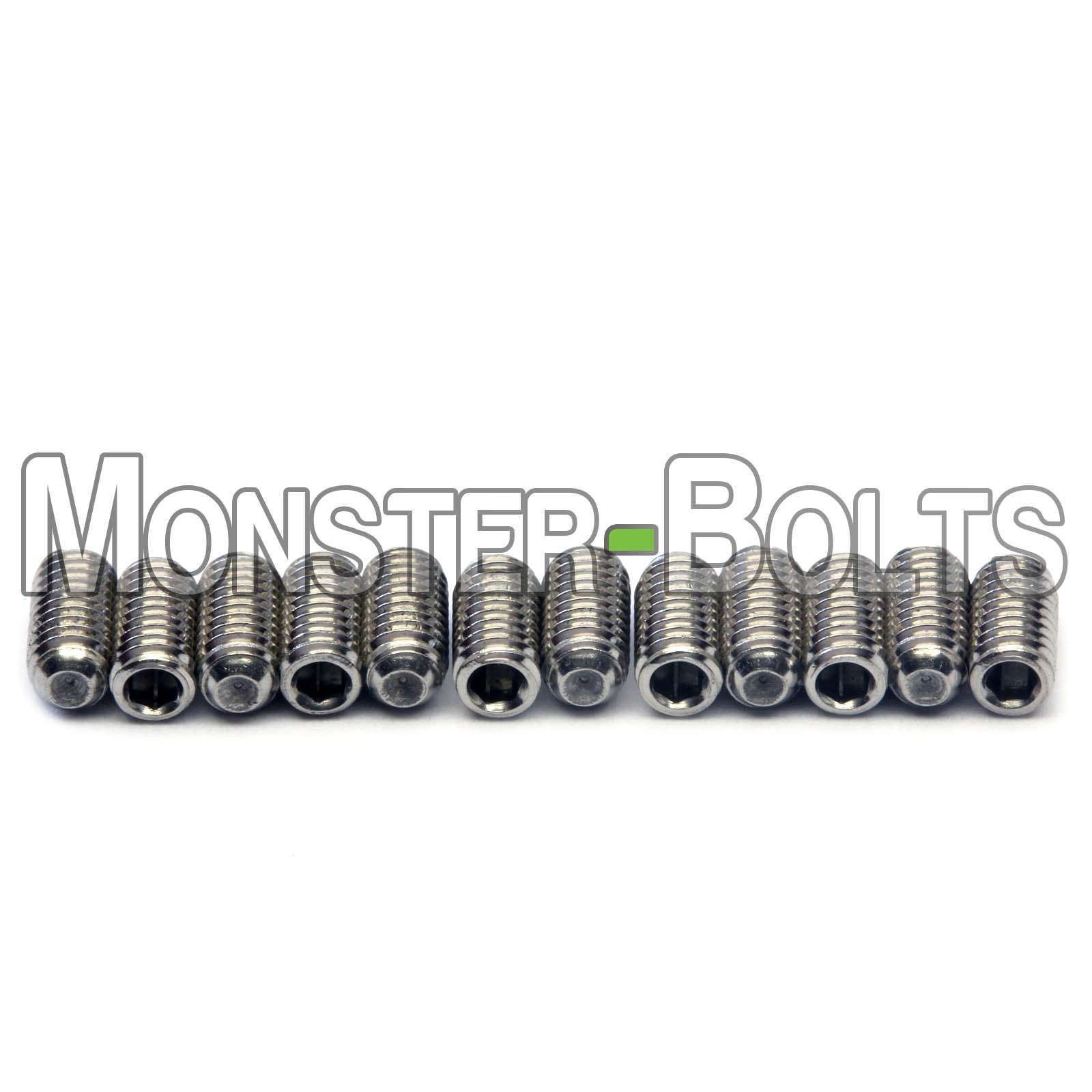 Set of 12 6mm stainless steel saddle height screws, ideal for Ibanez Mono-Tune, Gibraltar, and Fender MIM bridges.