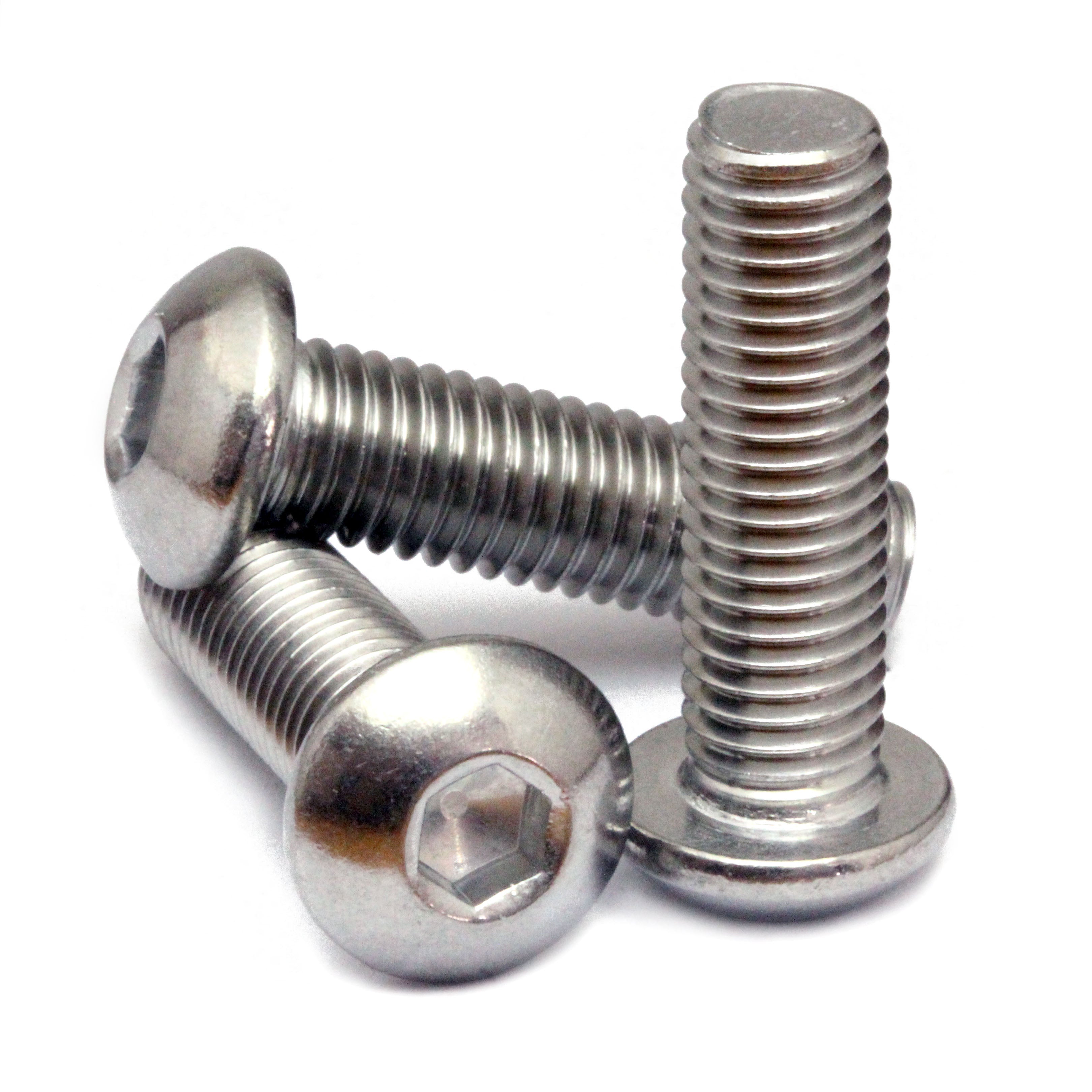 Stainless #8-32 Button Head Socket cap screws on solid white background.