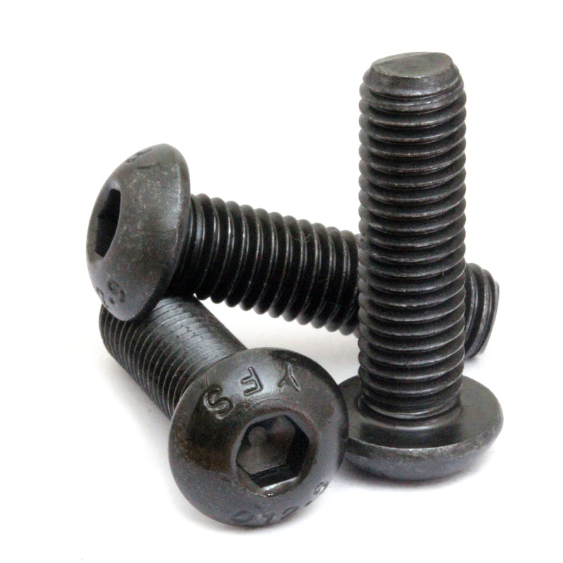 Black SAE 1/4-20 Button Head Socket screws stacked to show different angles on white.