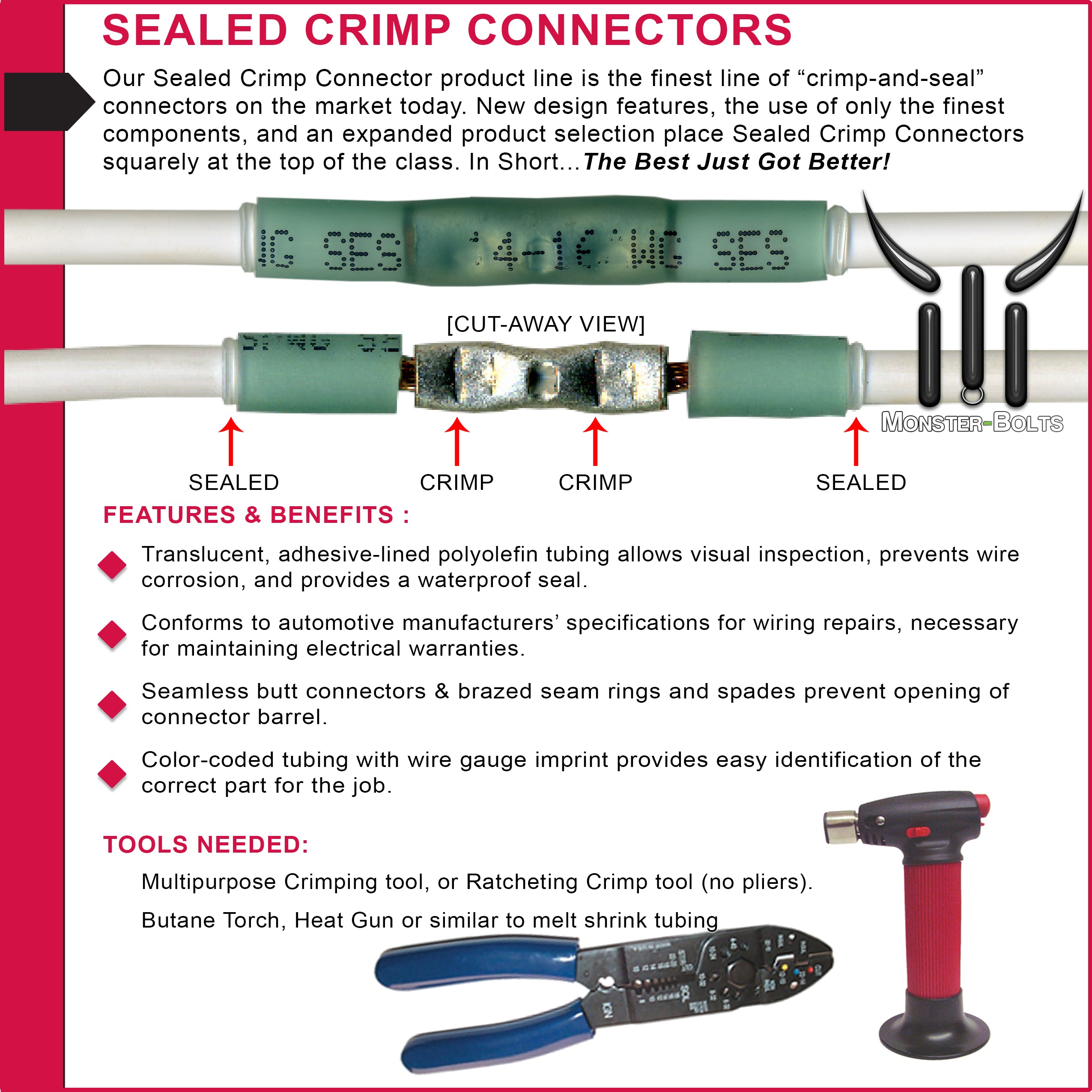 SES MultiLink Waterproof Crimp and Solder Butt Connectors, Yellow, 12-10 AWG - Lead Free - Monster Bolts