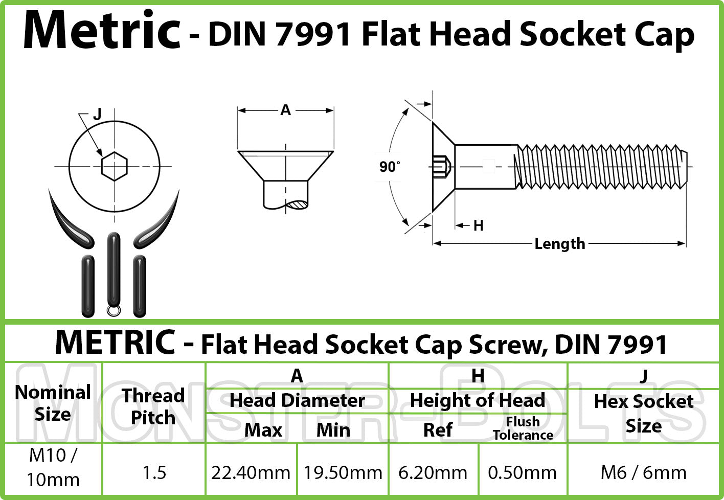 M10 Flat Head Socket Cap screws, Stainless Steel A2 (18-8) - Monster Bolts