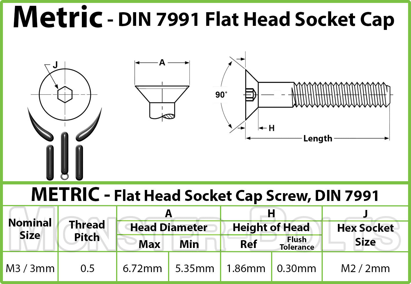 M3 Flat Head Socket Cap screws, Stainless Steel A2 (18-8) - Monster Bolts