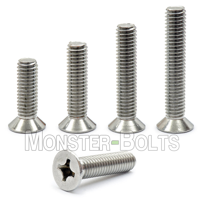 Stainless Steel M4 Phillips flat head machine screws stacked to show different lengths.