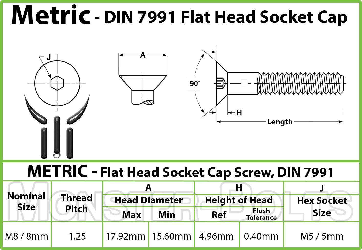 M8 Flat Head Socket Cap screws, Stainless Steel A2 (18-8) - Monster Bolts