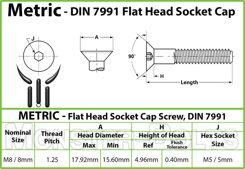 M8 Flat Head Socket Cap screws, Stainless Steel A2 (18-8) - Monster Bolts