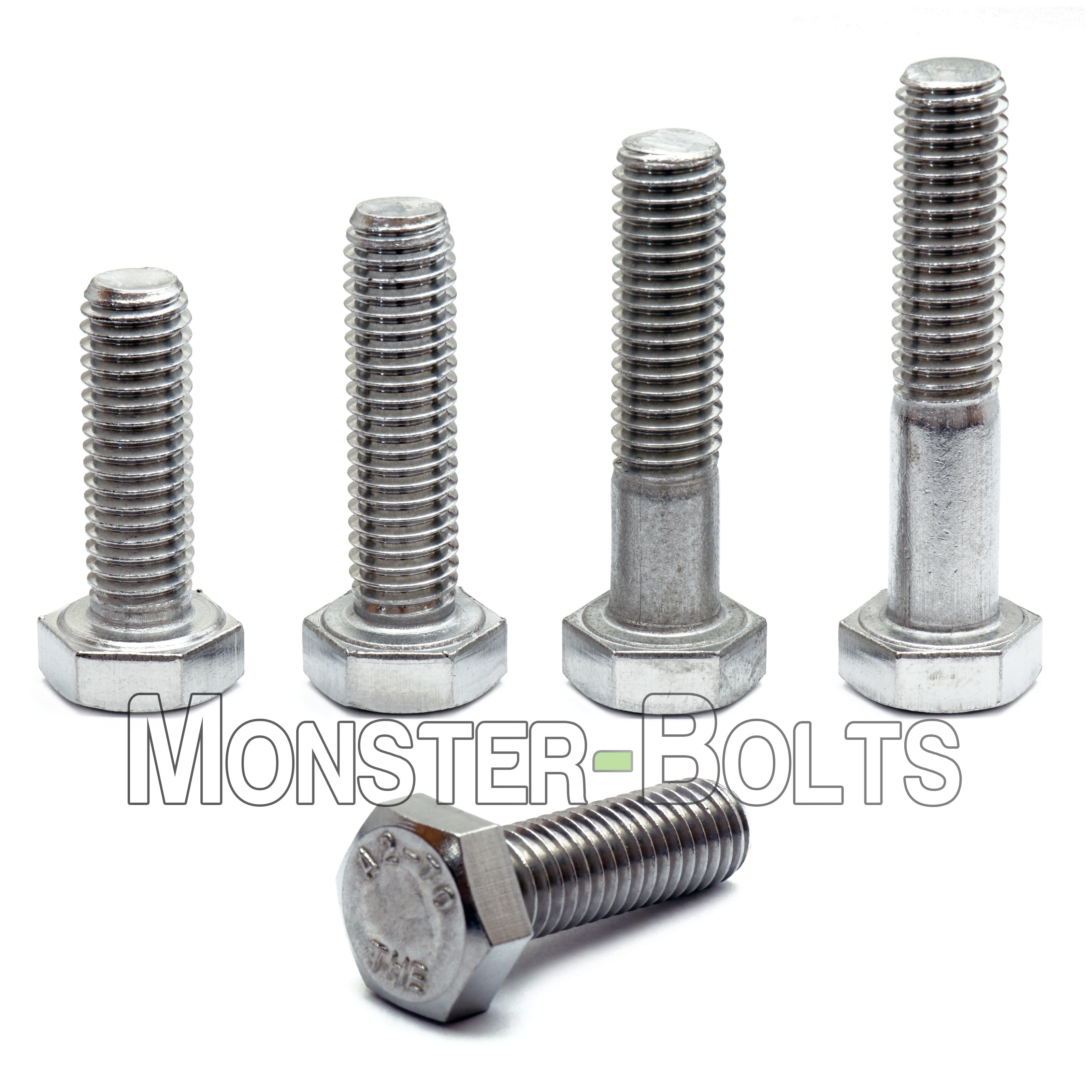 M5 Stainless Steel Hex Cap Bolts, diagonal front view showcasing hex head, by Monster Bolts.