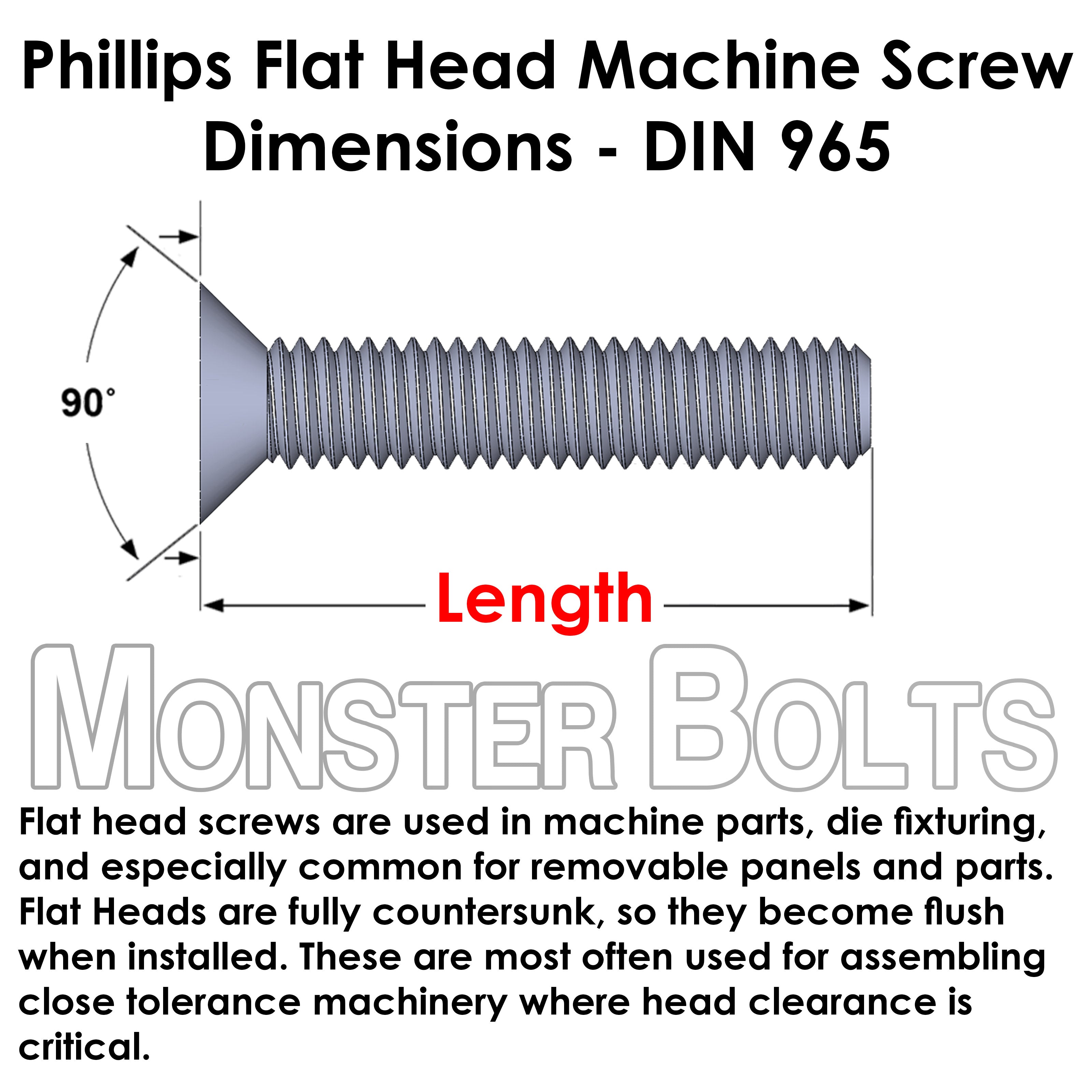 Diagram showing how to measure countersunk screw length from head to tip, with basic specs for M6 Phillips Flat Head Machine Screws in carbon steel with black oxide finish.