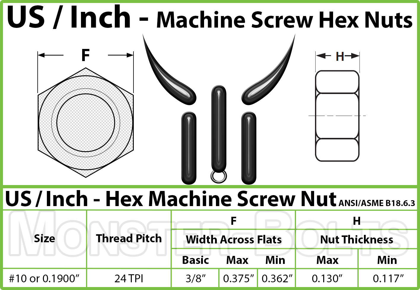 #10-24 Hex Nut spec sheet showing nut thickness and drive size.