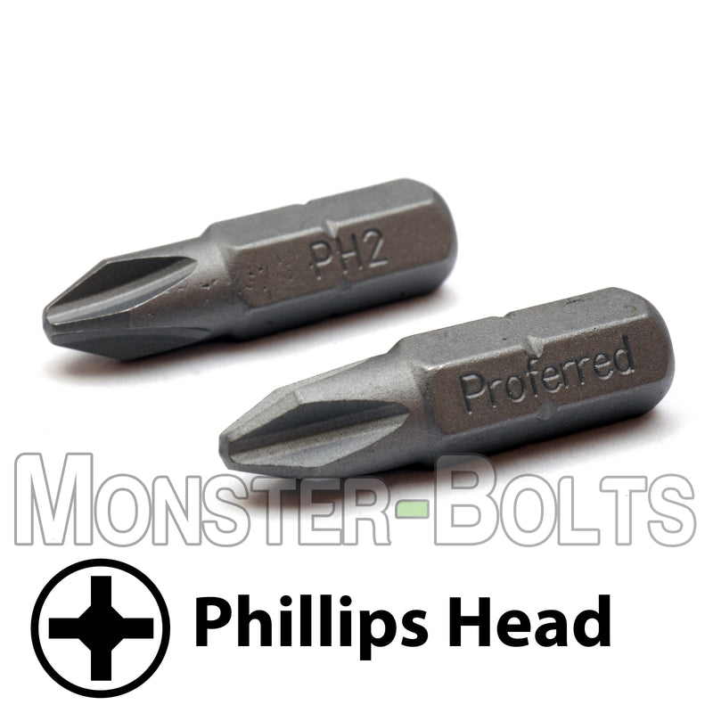 1-Inch Phillips Drive Bits 1/4" Hex Shank Screwdriver / Drill Bits, S2 Steel - Monster Bolts