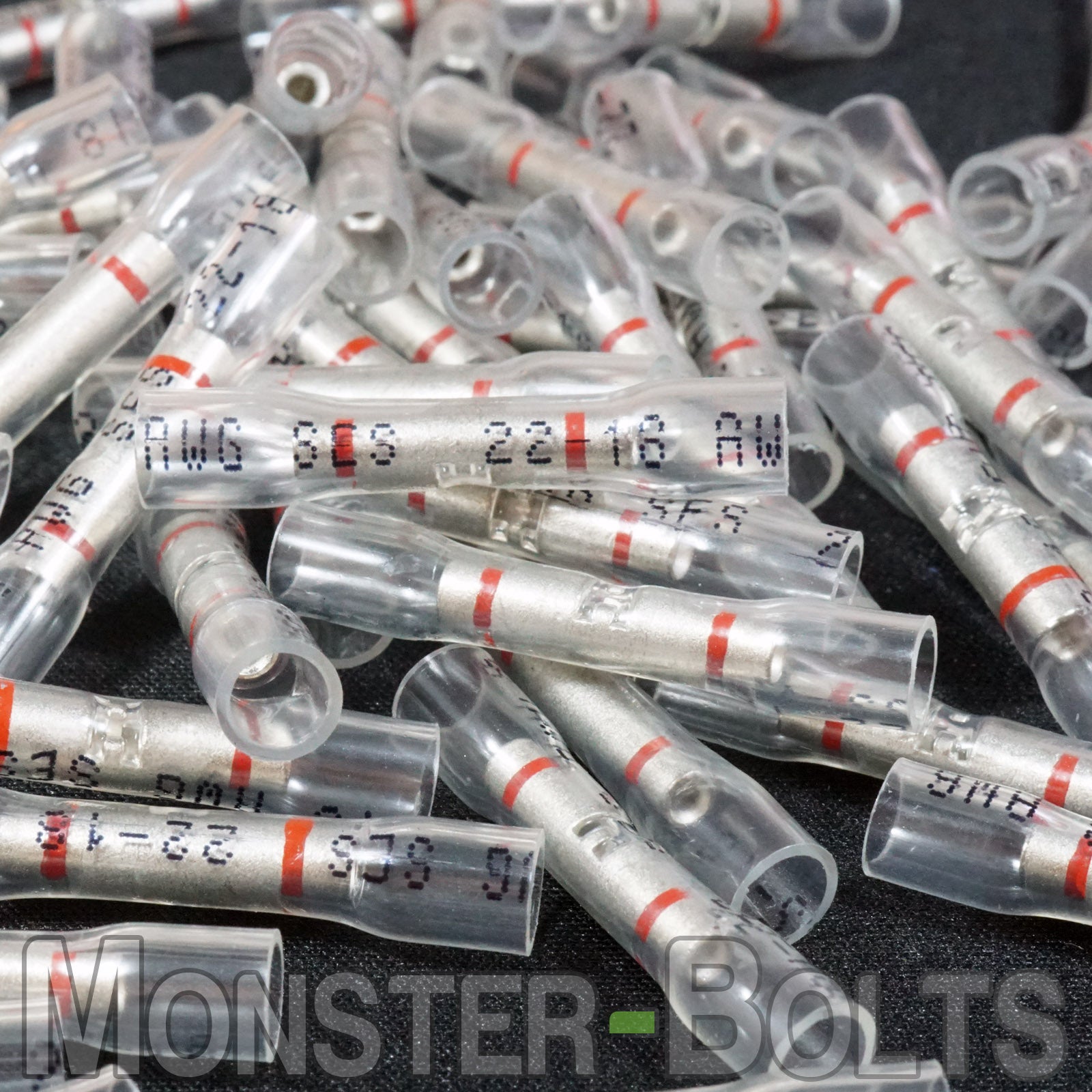 SES OptiSeal Waterproof Butt Connectors, Crystal Clear Tubing w/ Red Stripes, 22-18 AWG. - Monster Bolts