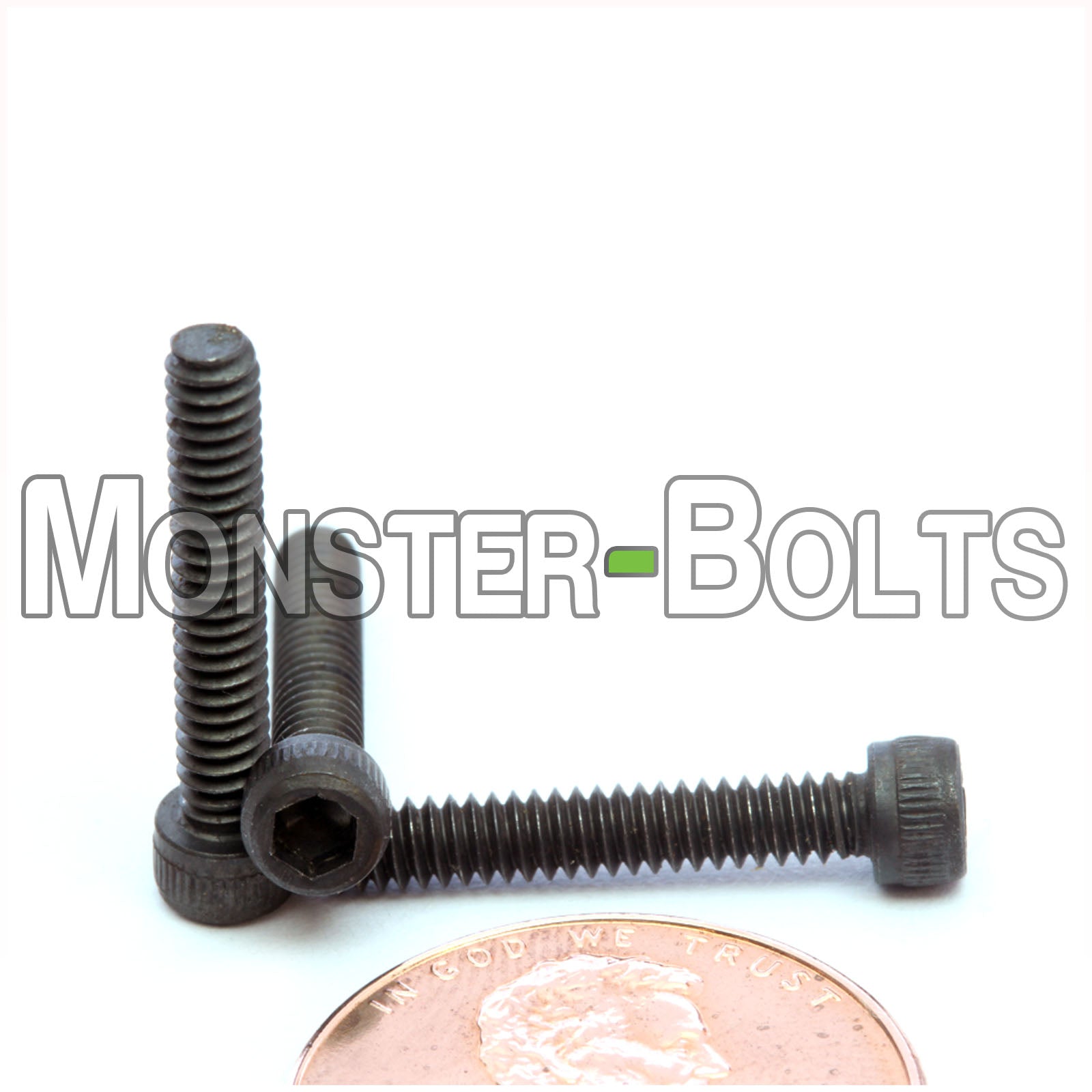 #4-40 x 11/16" Socket Head Cap screw, alloy steel with black oxide finish. Shown with US penny for screw size.