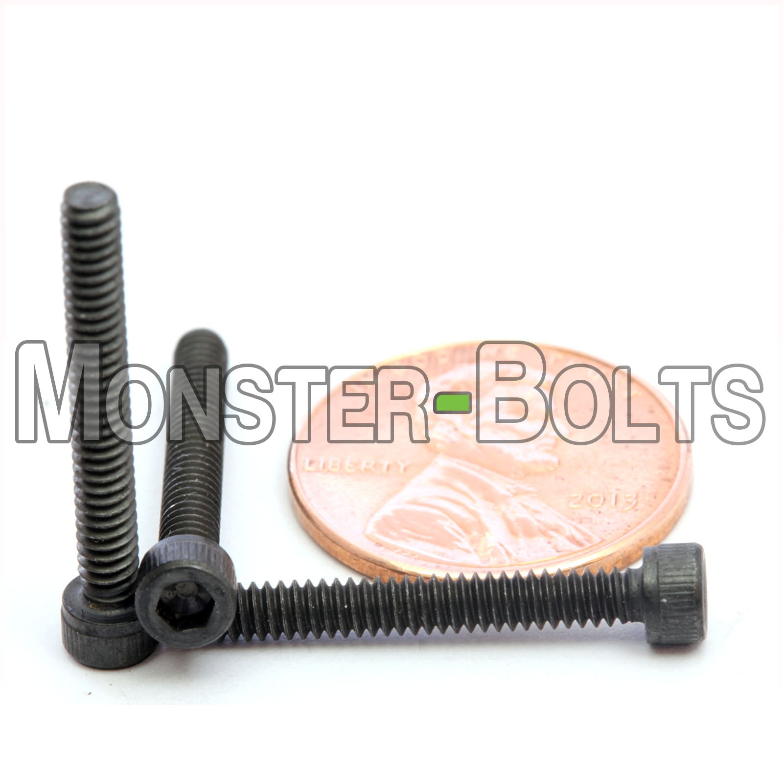 #4-40 x 7/8" Socket Cap screw, alloy steel with black oxide finish. Shown with US penny for screw size.