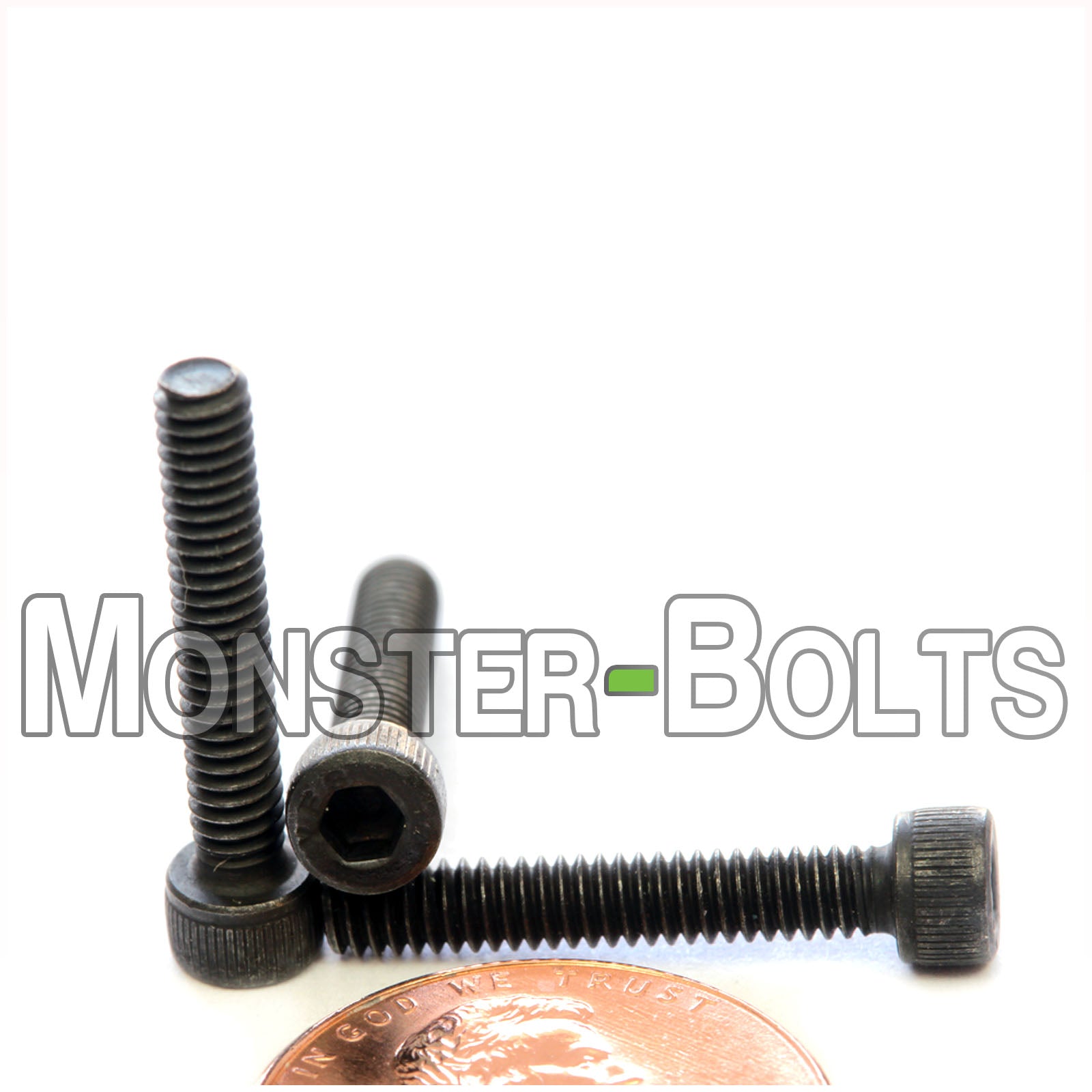 #5-40 x 3/4" Socket Head screw, alloy steel with black oxide finish. Shown with US penny for screw size.