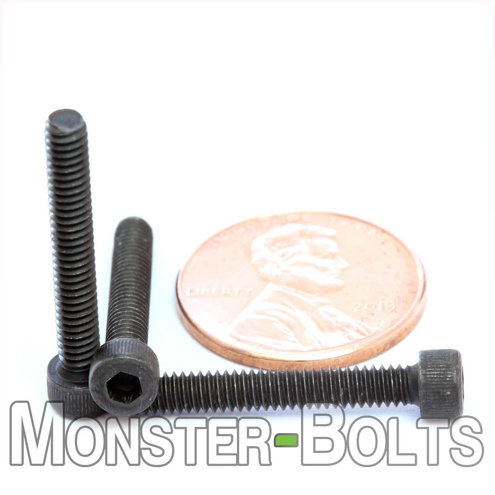 #5-40 x 7/8" Socket Cap screw, alloy steel with black oxide finish. Shown with US penny for screw size.