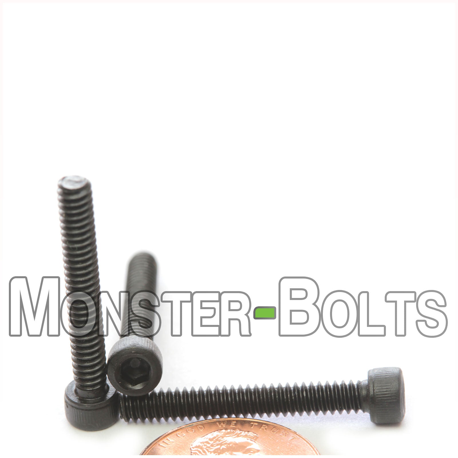 #6-32 x 1" Socket Head Cap screw, alloy steel with black oxide finish. Shown with US penny for screw size.