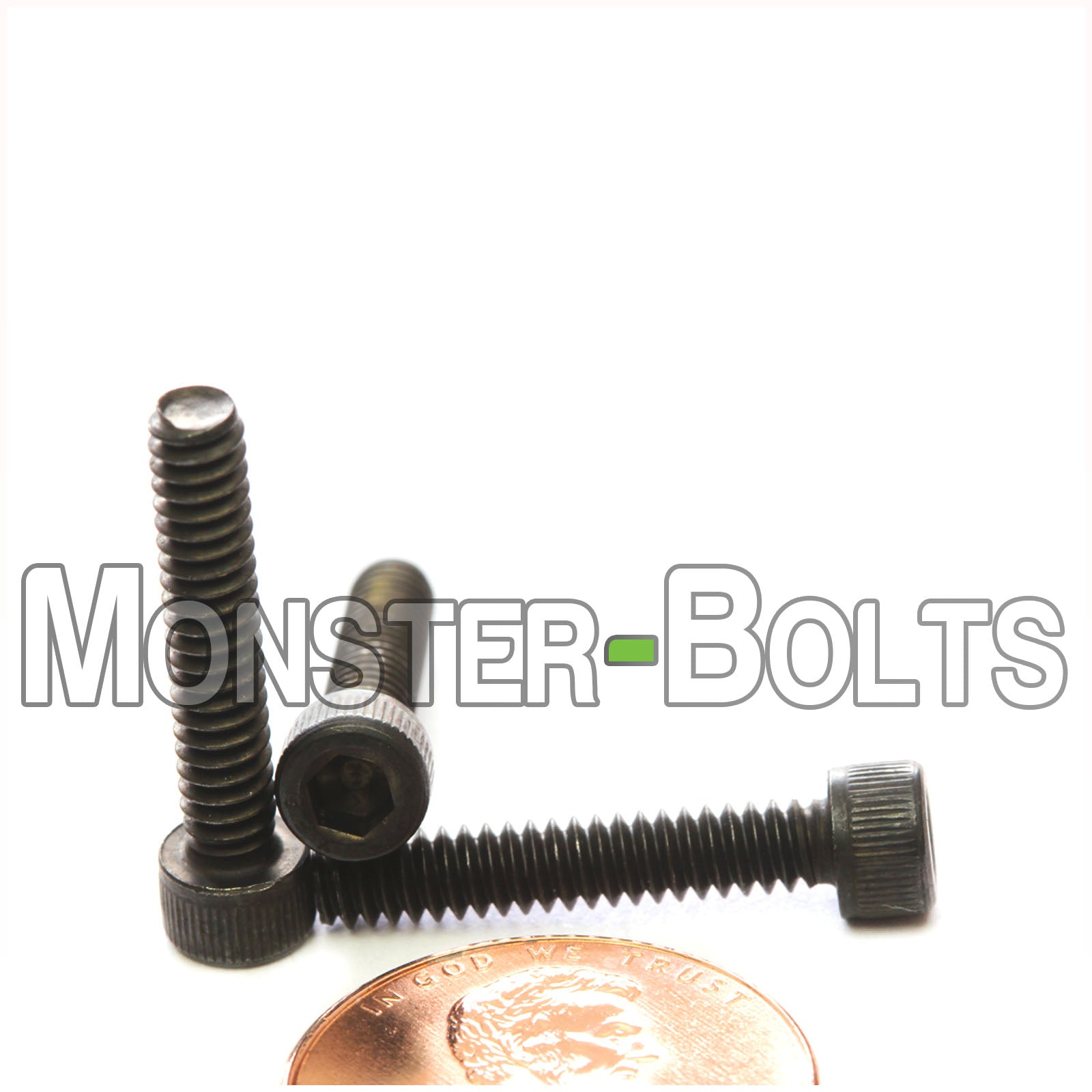 Black #6-32 x 3/4" Socket Head Cap screw, alloy steel with black oxide finish. Shown with US penny for screw size.