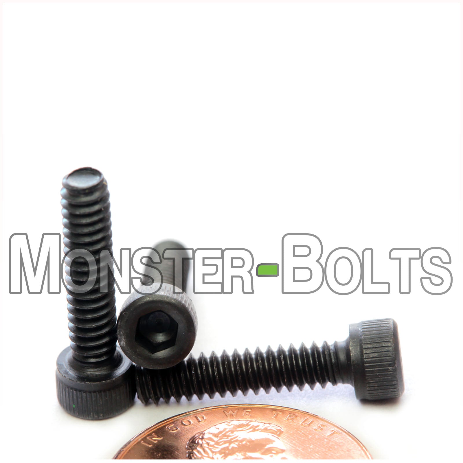 #6-32 x 5/8" Socket Cap screw, alloy steel with black oxide finish. Shown with US penny for scale.