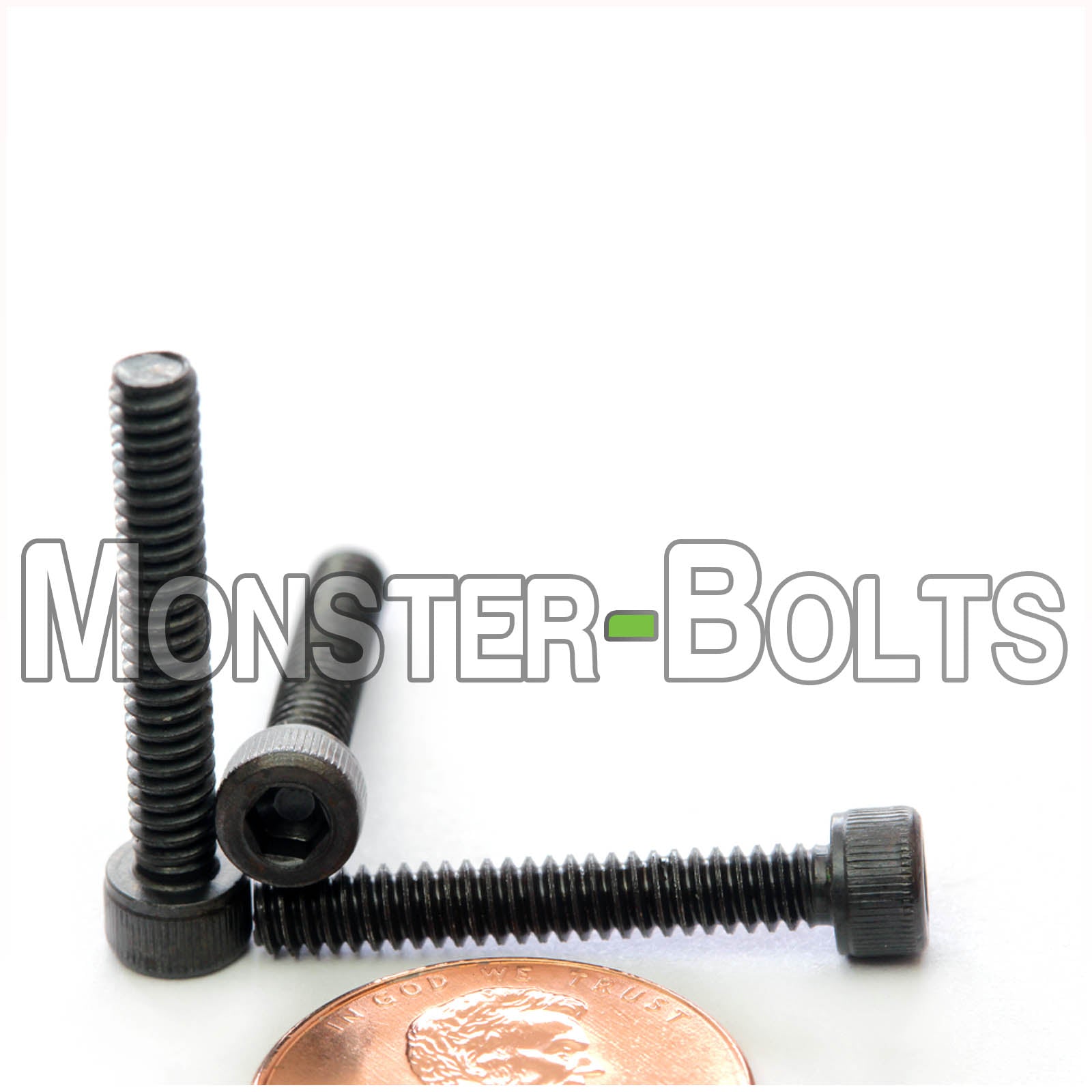 #6-32 x 7/8" Socket Cap screw, alloy steel with black oxide finish. Shown with US penny for screw size.