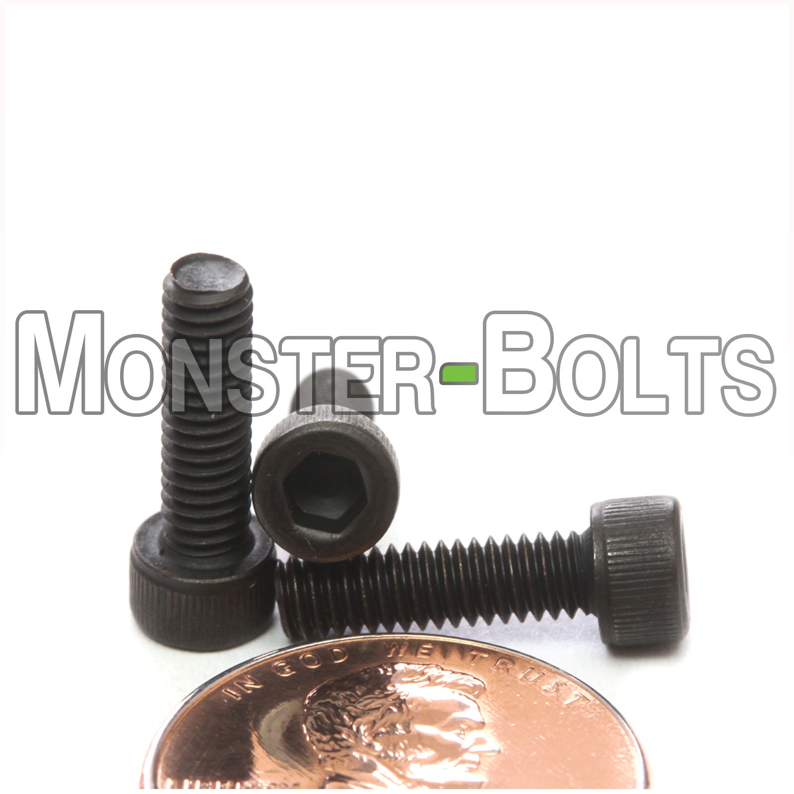 #6-40 x 1/2" Socket Head Cap screw, alloy steel with black oxide finish. Shown with US penny for screw size.