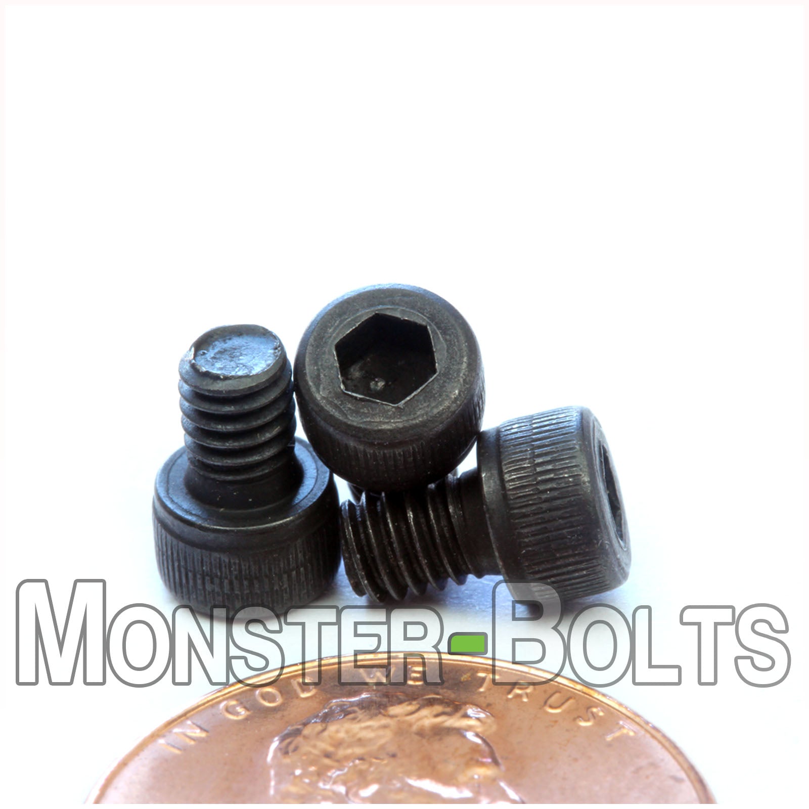 #6-40 x 3/16" Socket Head Cap screw, alloy steel with black oxide finish. Shown with US penny for screw size.