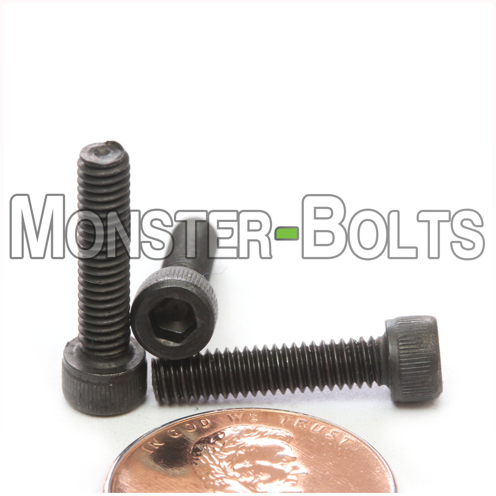 #6-40 x 5/8" Socket Cap screw, alloy steel with black oxide finish. Shown with US penny for screw size.