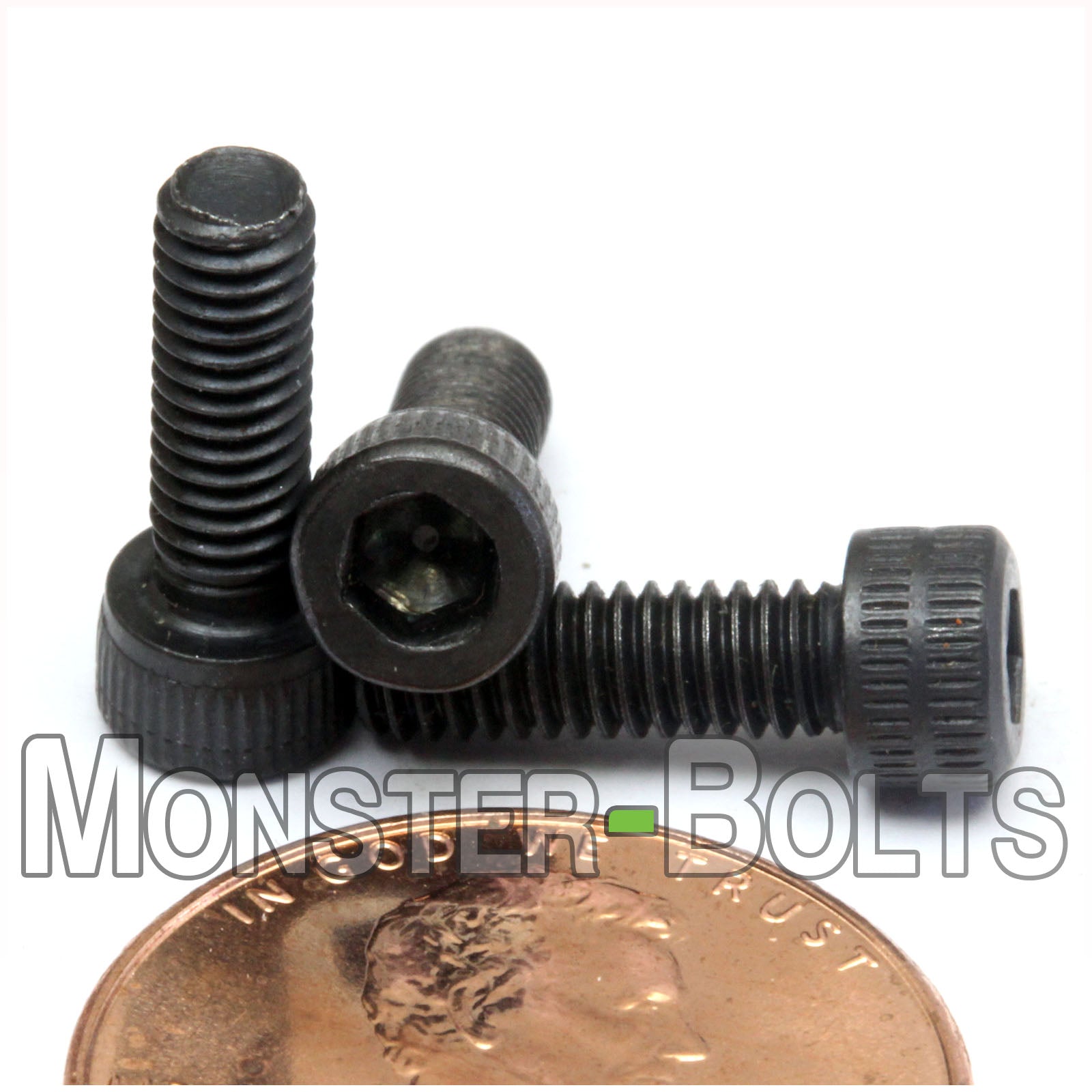 #6-40 x 7/16" Socket Head Cap screw, alloy steel with black oxide finish. Shown with US penny for screw size.