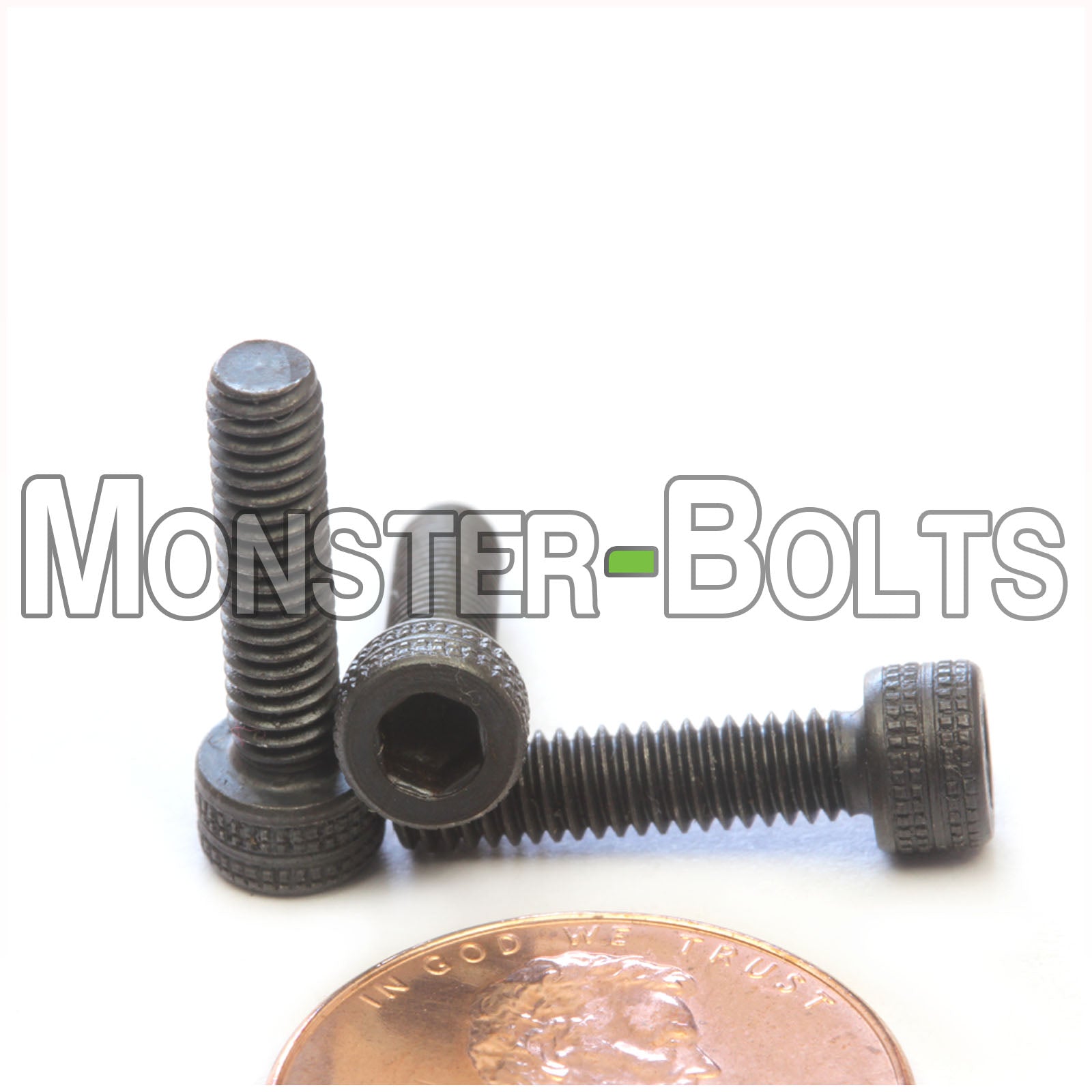 #6-40 x 9/16" Socket Head Cap screw, alloy steel with black oxide finish. Shown with US penny for screw size.