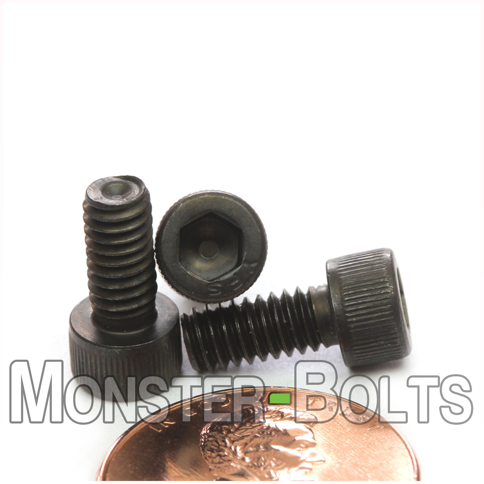 #8-32 x 3/8" Socket Head Cap screw, alloy steel with black oxide finish. Shown with US penny for scale.