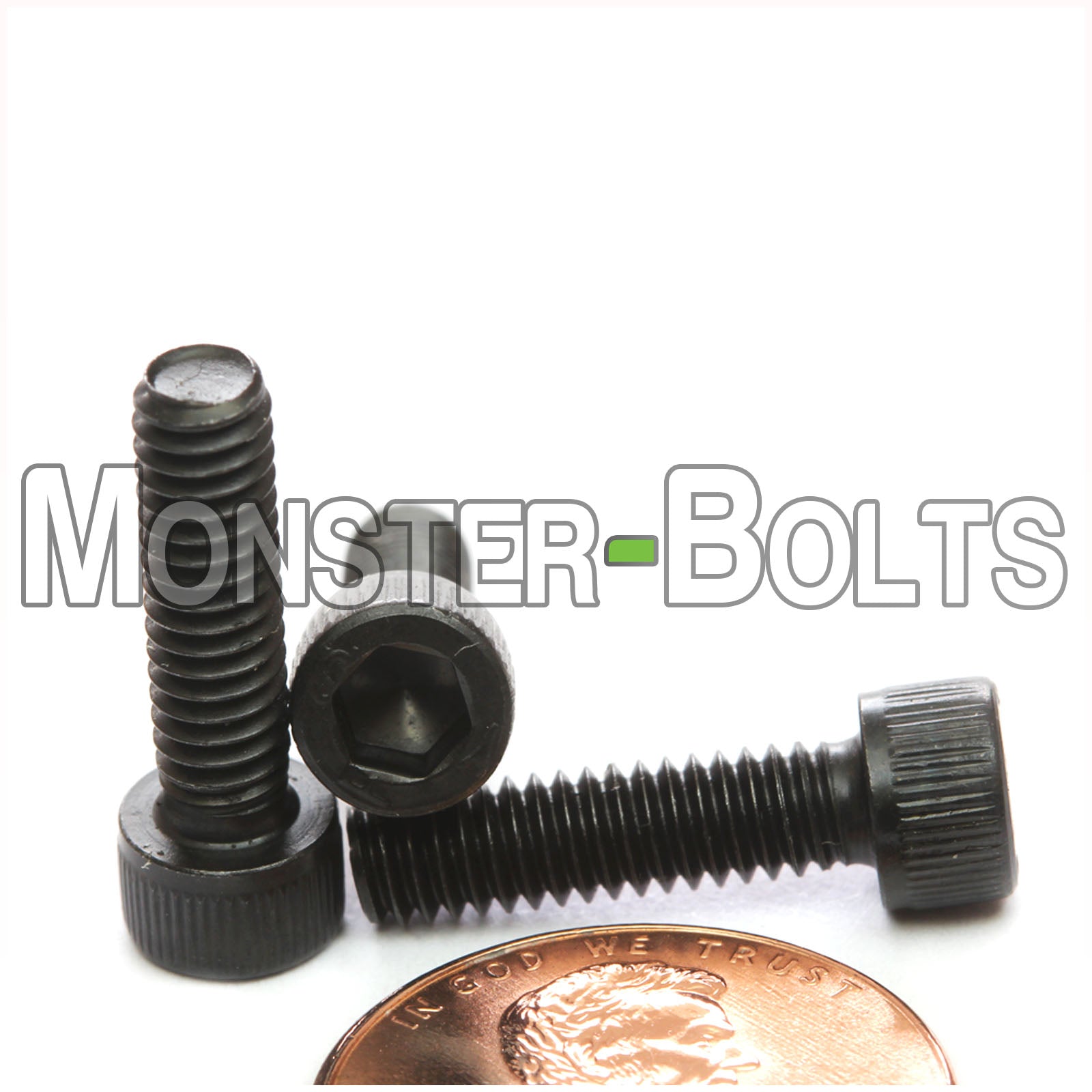 #8-32 x 5/8" Socket Cap screw, alloy steel with black oxide finish. Shown with US penny for scale.