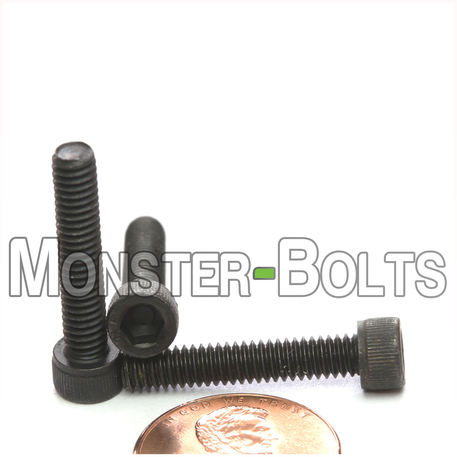 #8-32 x 7/8" Socket Cap screw, alloy steel with black oxide finish. Shown with US penny for screw size.