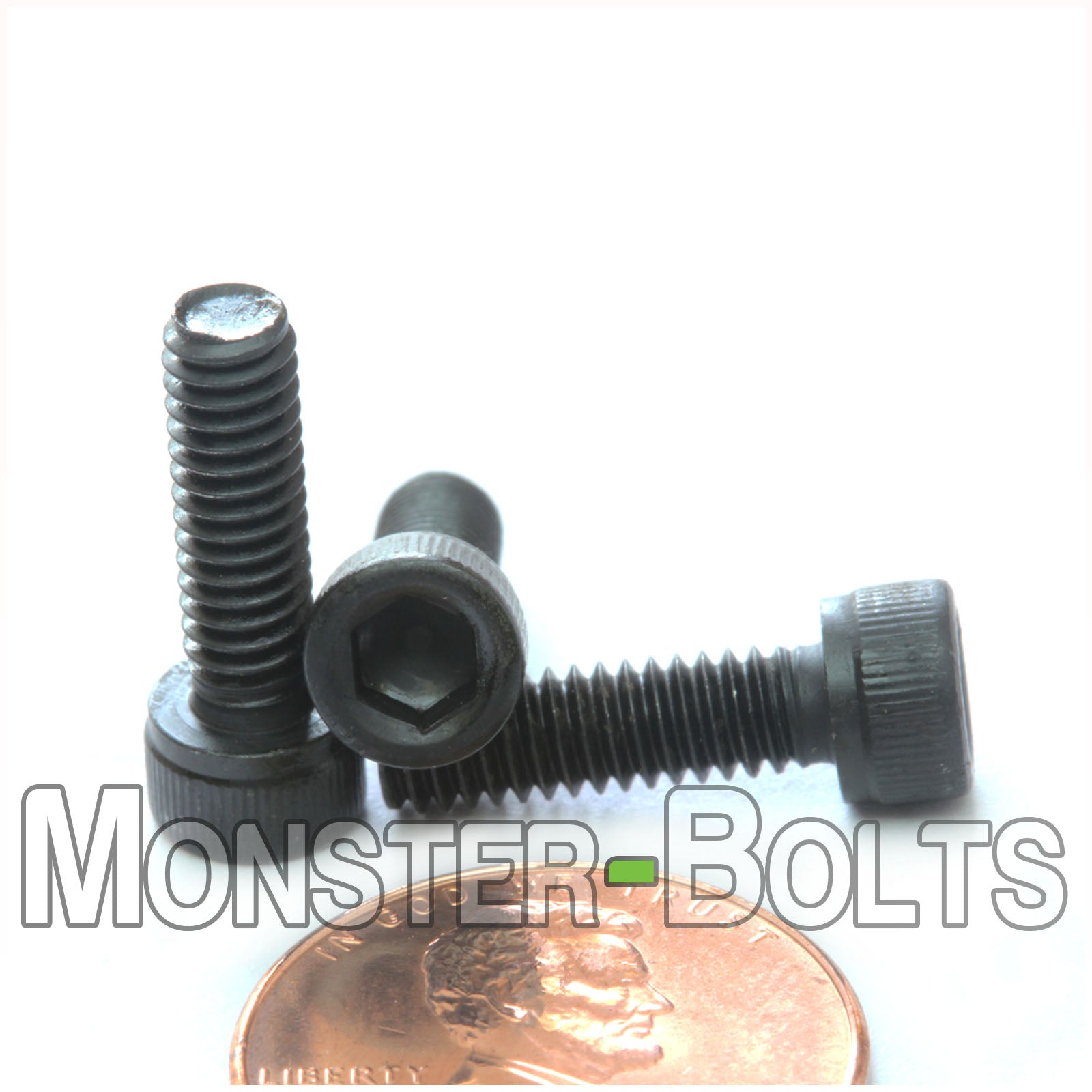 #8-32 x 9/16" Socket Cap screw, alloy steel with black oxide finish. Shown with US penny for scale.