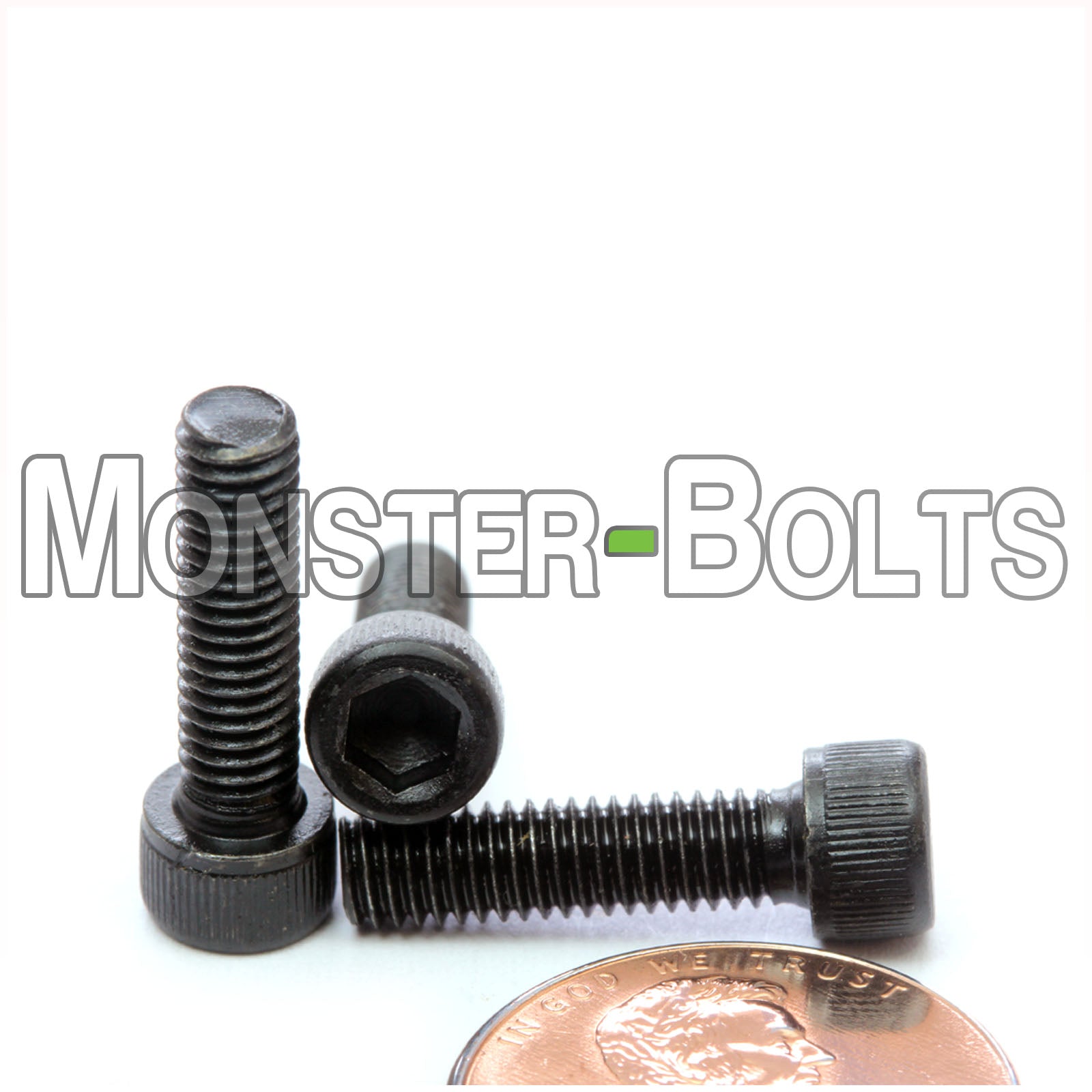 #8-36 x 5/8" Socket Cap screw, alloy steel with black oxide. Shown with US penny for scale.