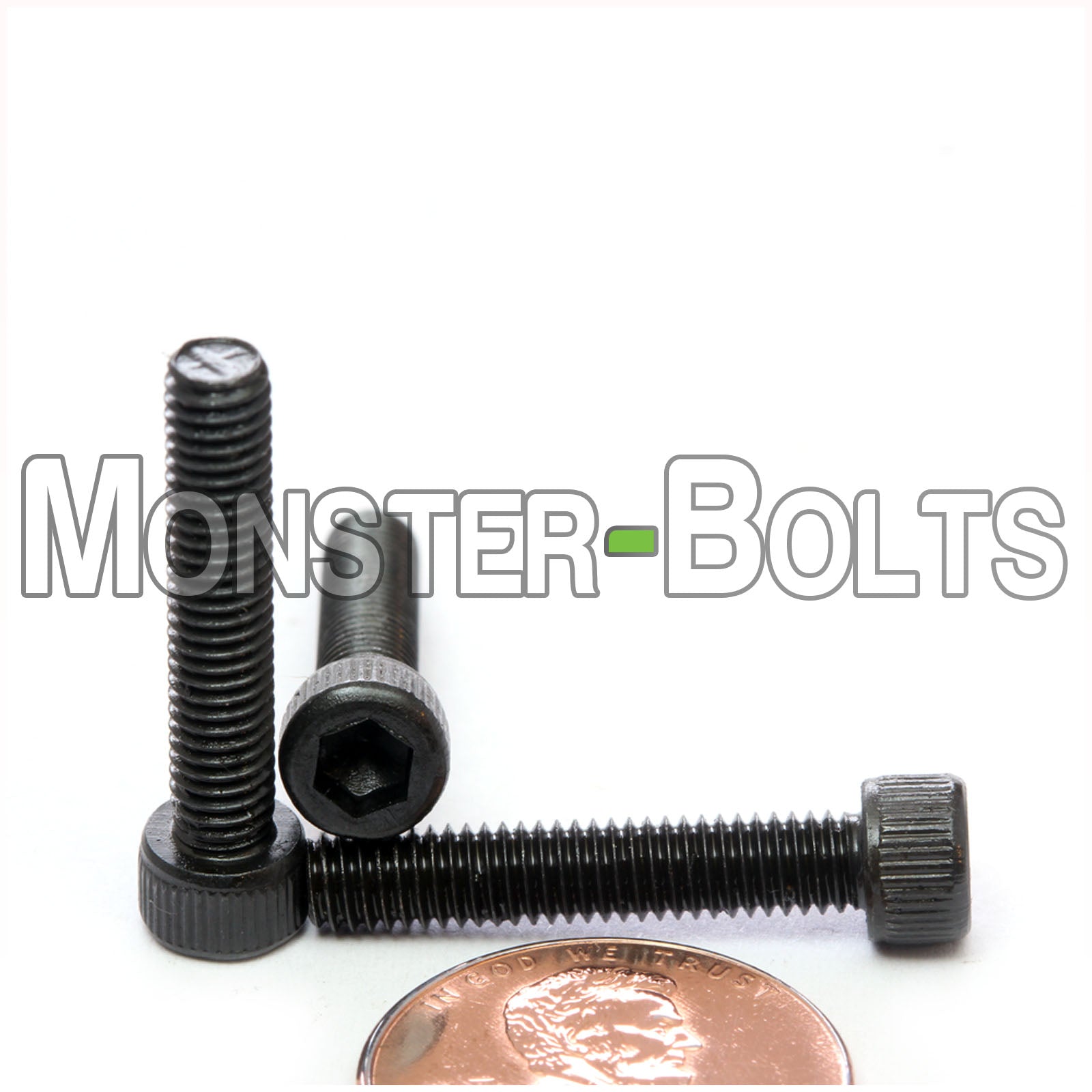 #8-36 x 7/8" Socket Cap screw, alloy steel with black oxide finish. Shown with US penny for screw size.