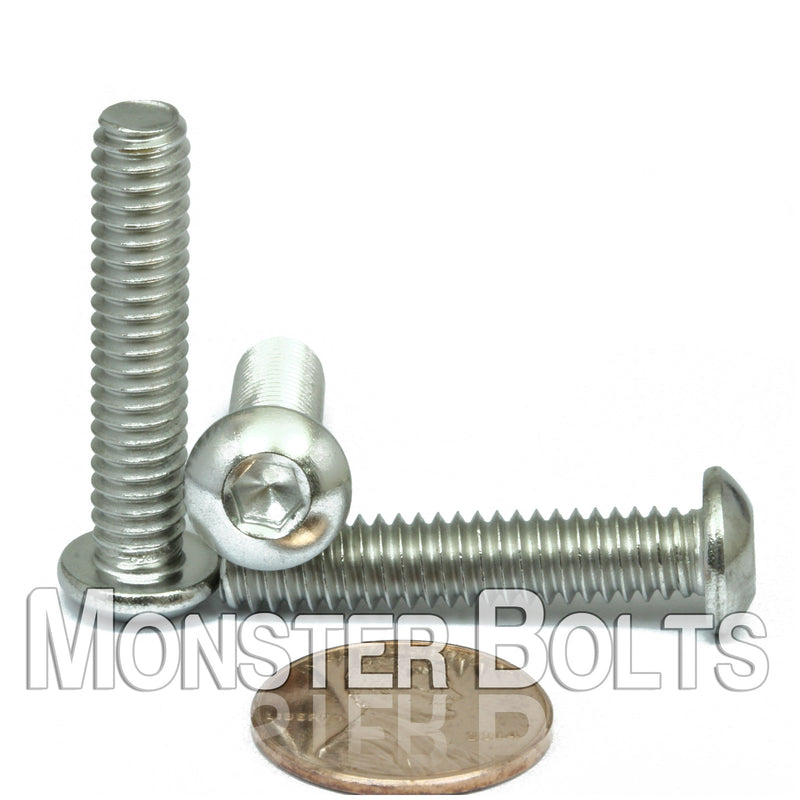 Stainless Steel 1/4"-20 x 1/2 in. button head socket cap screws, with US penny to show size.