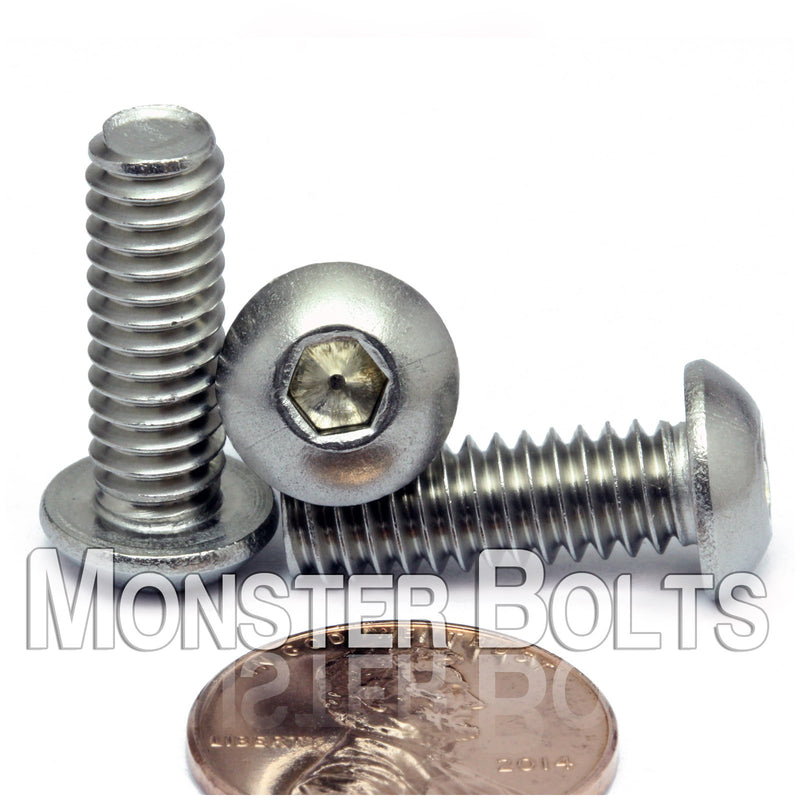 Stainless 1/4"-20 x 1/4 in. button head socket cap screws, with US penny for size.