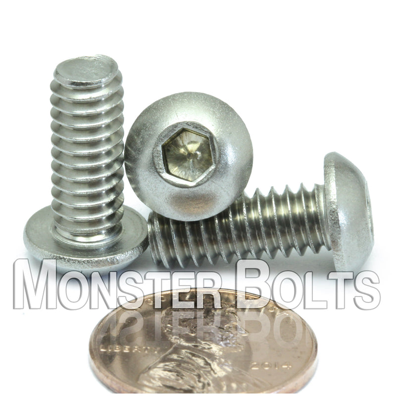 Stainless Steel 1/4-20 x 3/16 in. socket button head screws, with US penny for size.