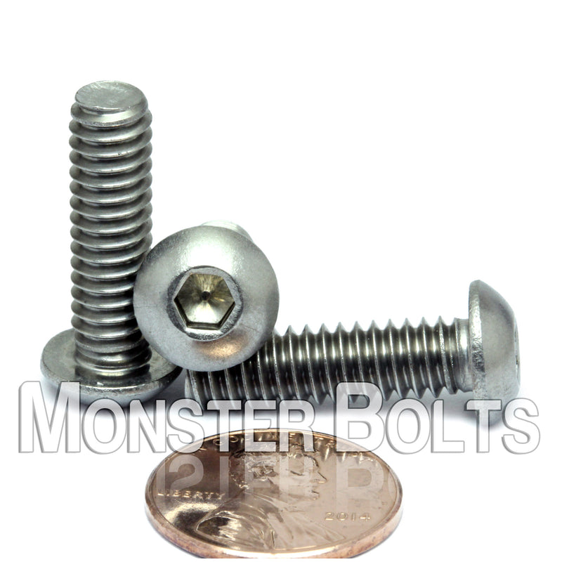 Stainless 1/4-20 x 5/16" button head socket cap screws, with US penny for size.